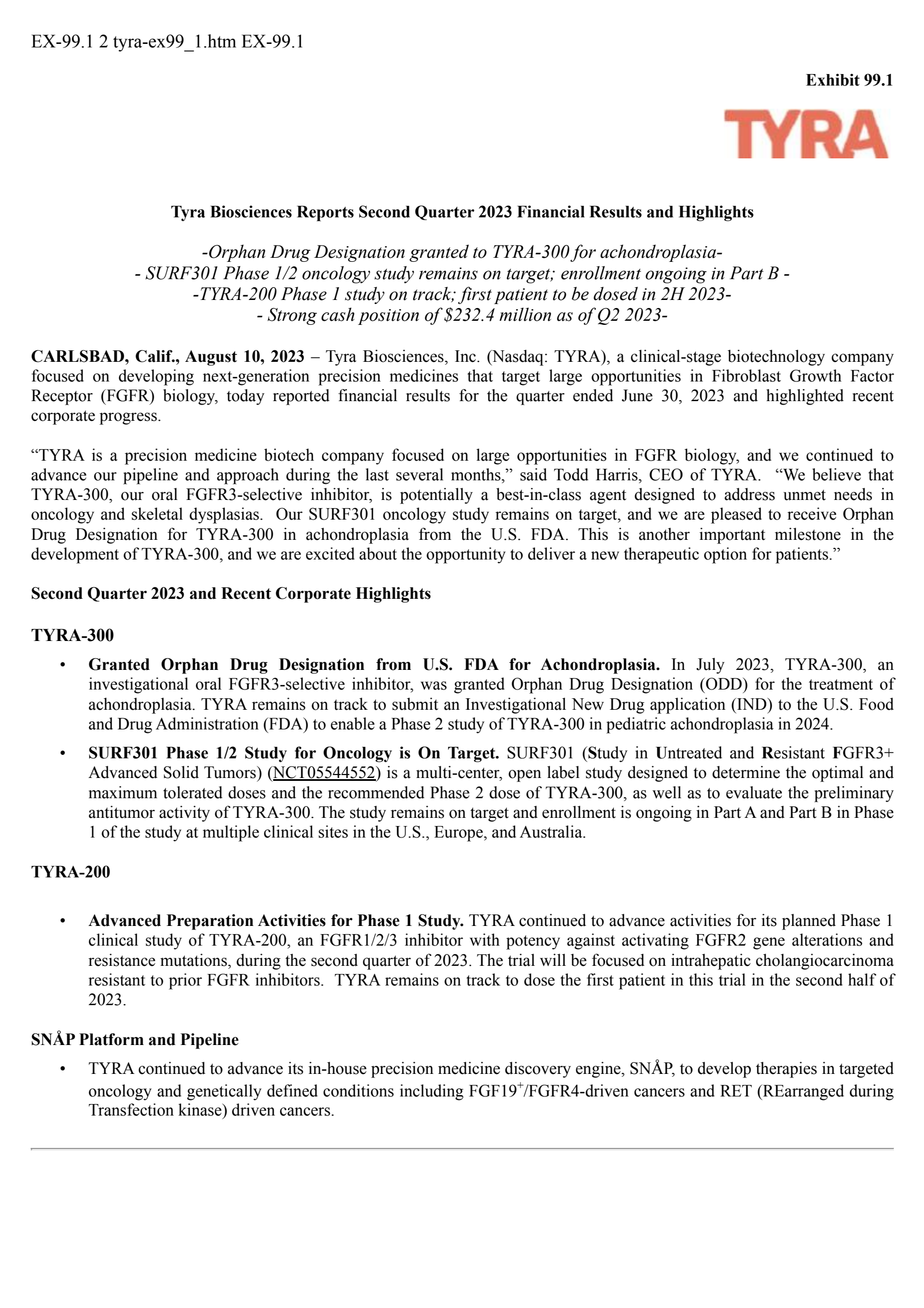 Tyra Biosciences' Q2 2023 Press Release