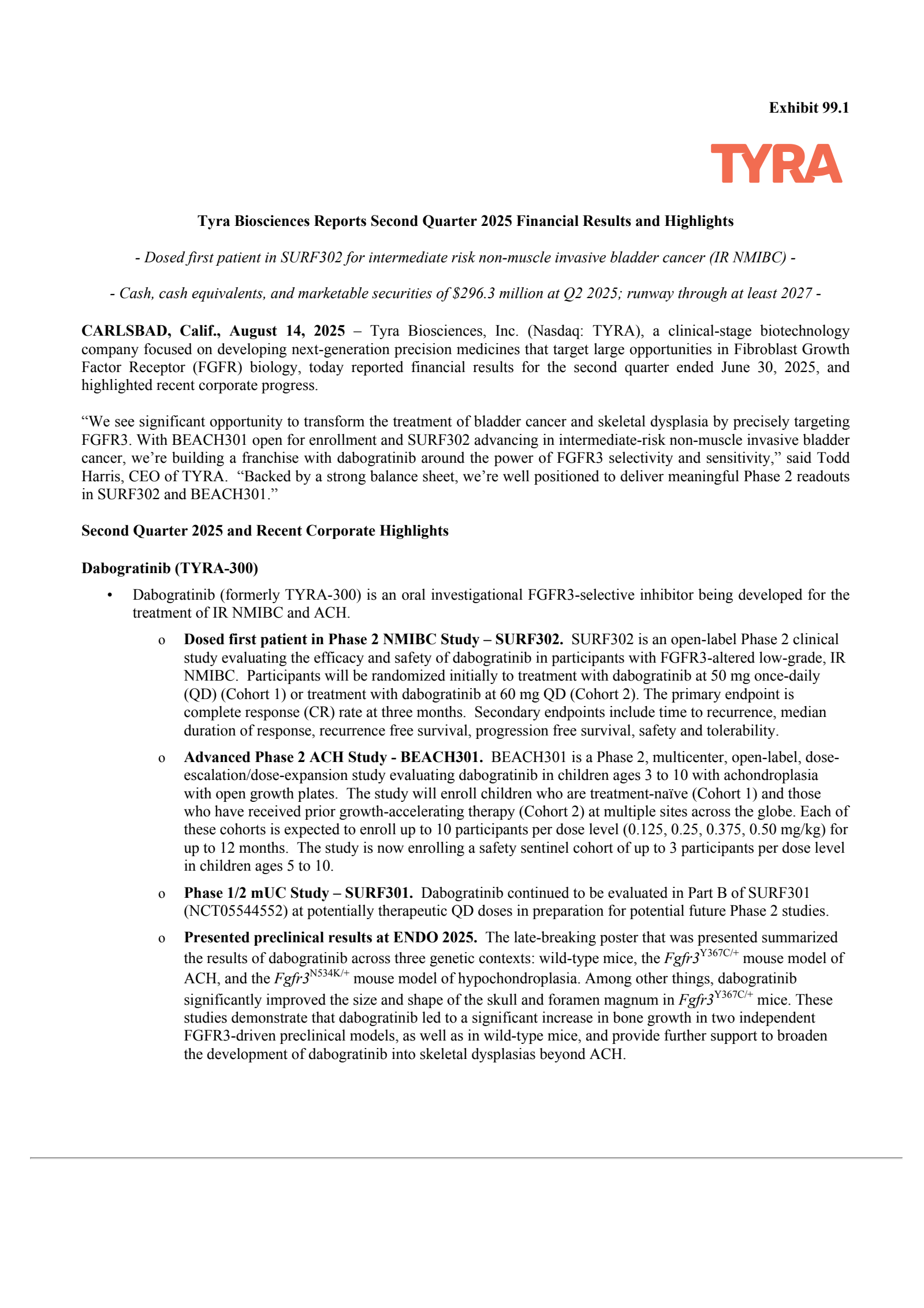Tyra Biosciences' Q2 2025 Press Release