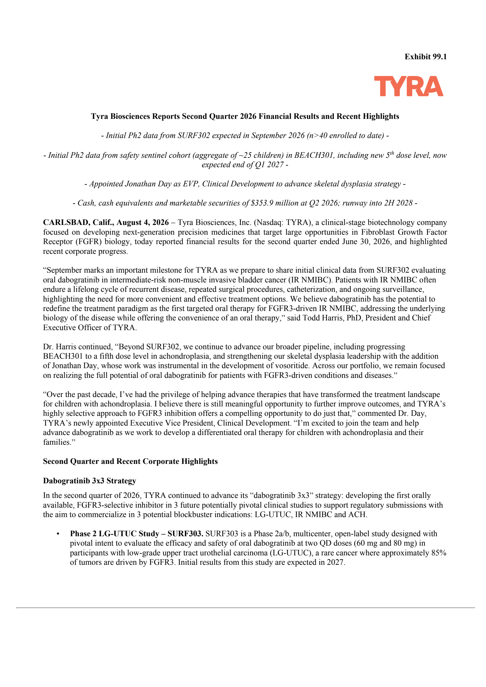 Tyra Biosciences' Q2 2026 Press Release