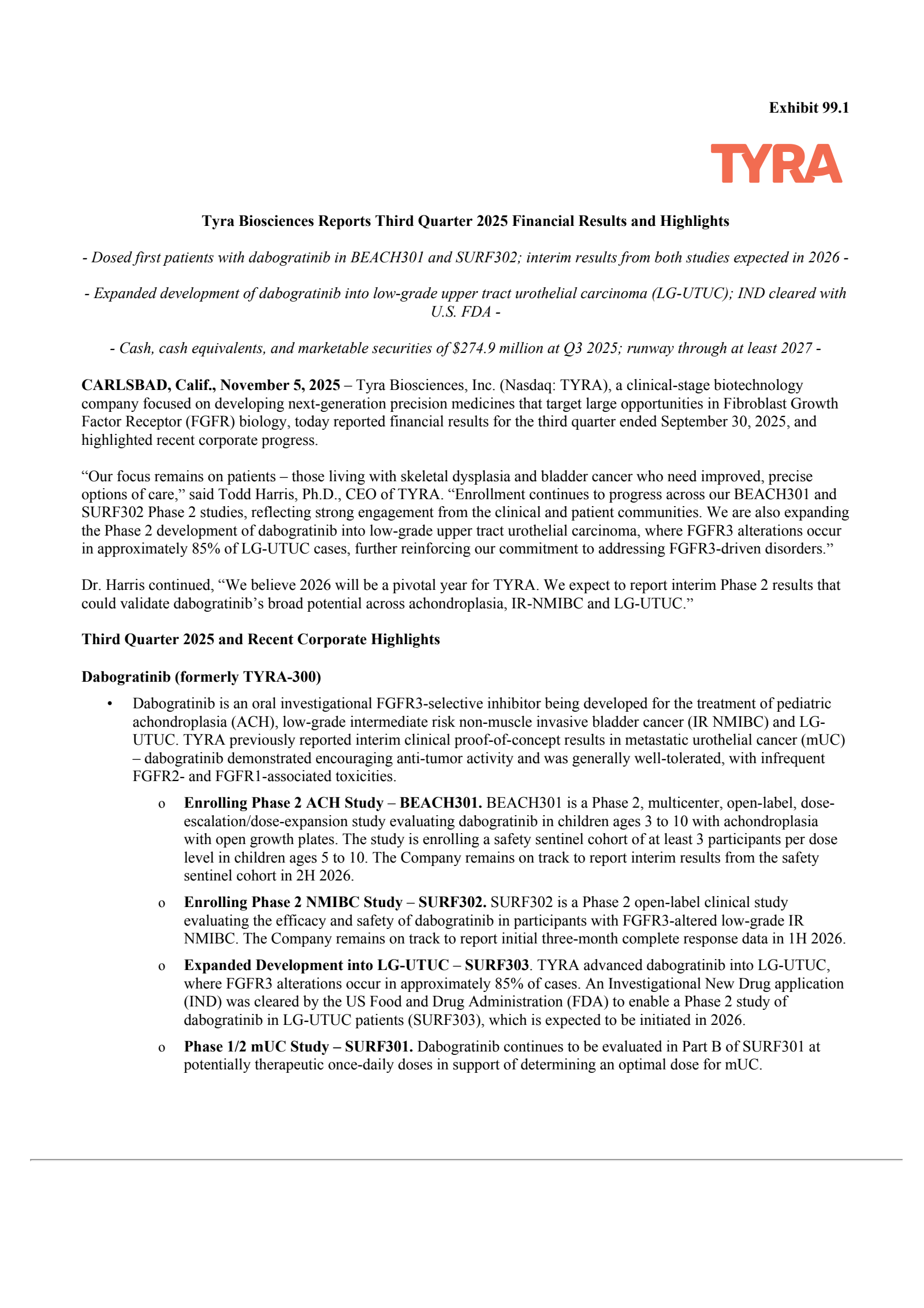 Tyra Biosciences' Q3 2025 Earnings Release