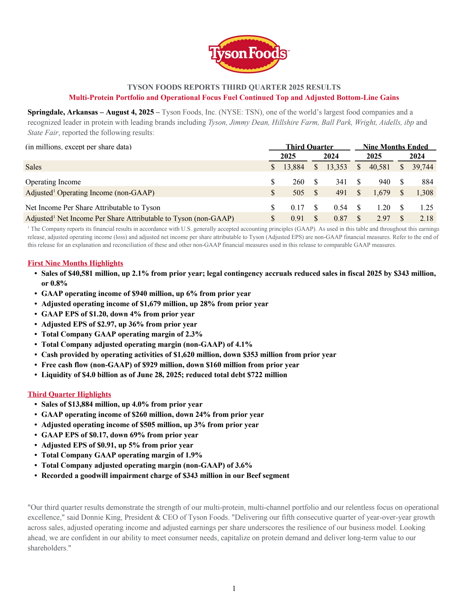 Tyson Foods' Q3 2025 Press Release