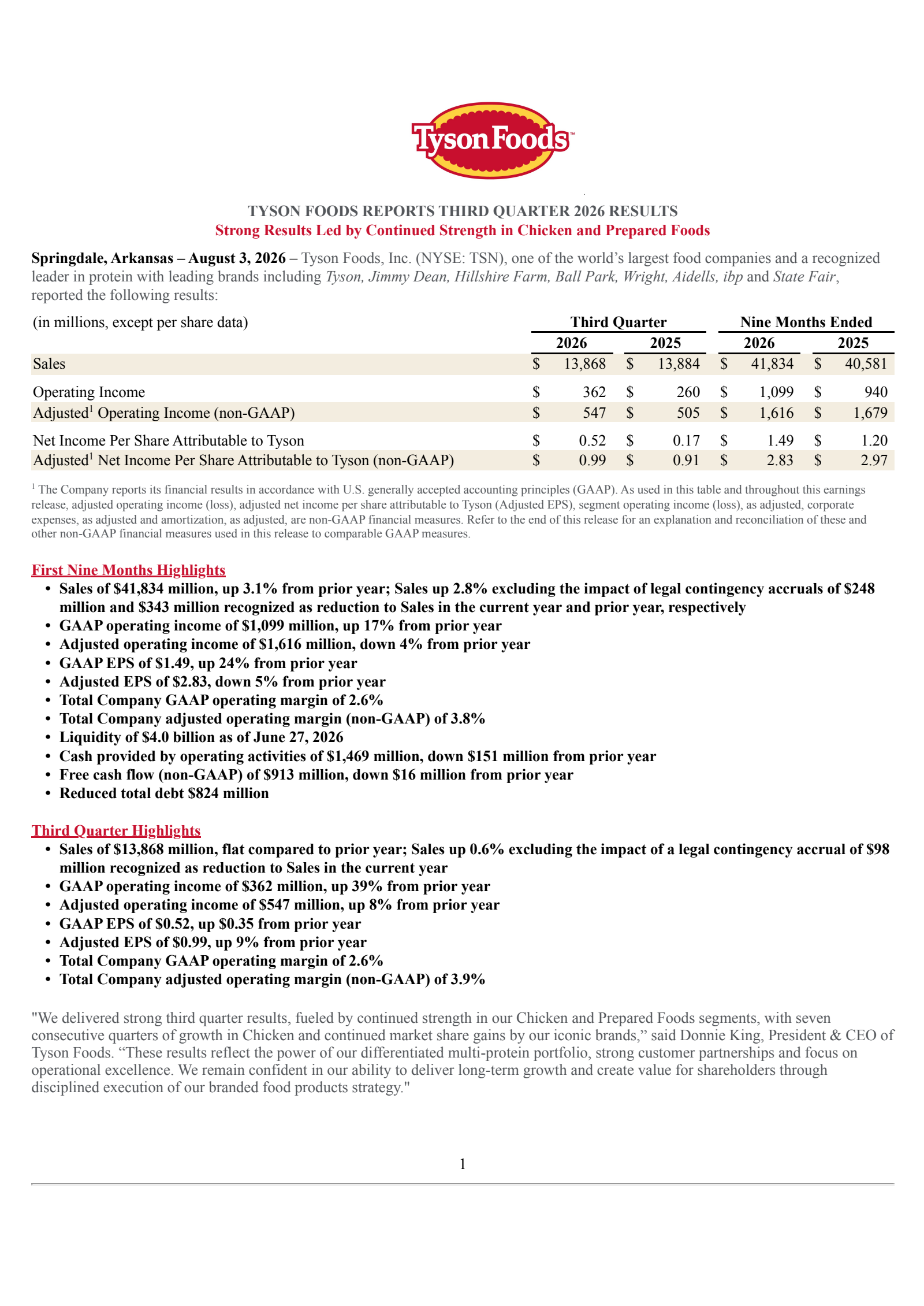 Tyson Foods' Q3 2026 Press Release