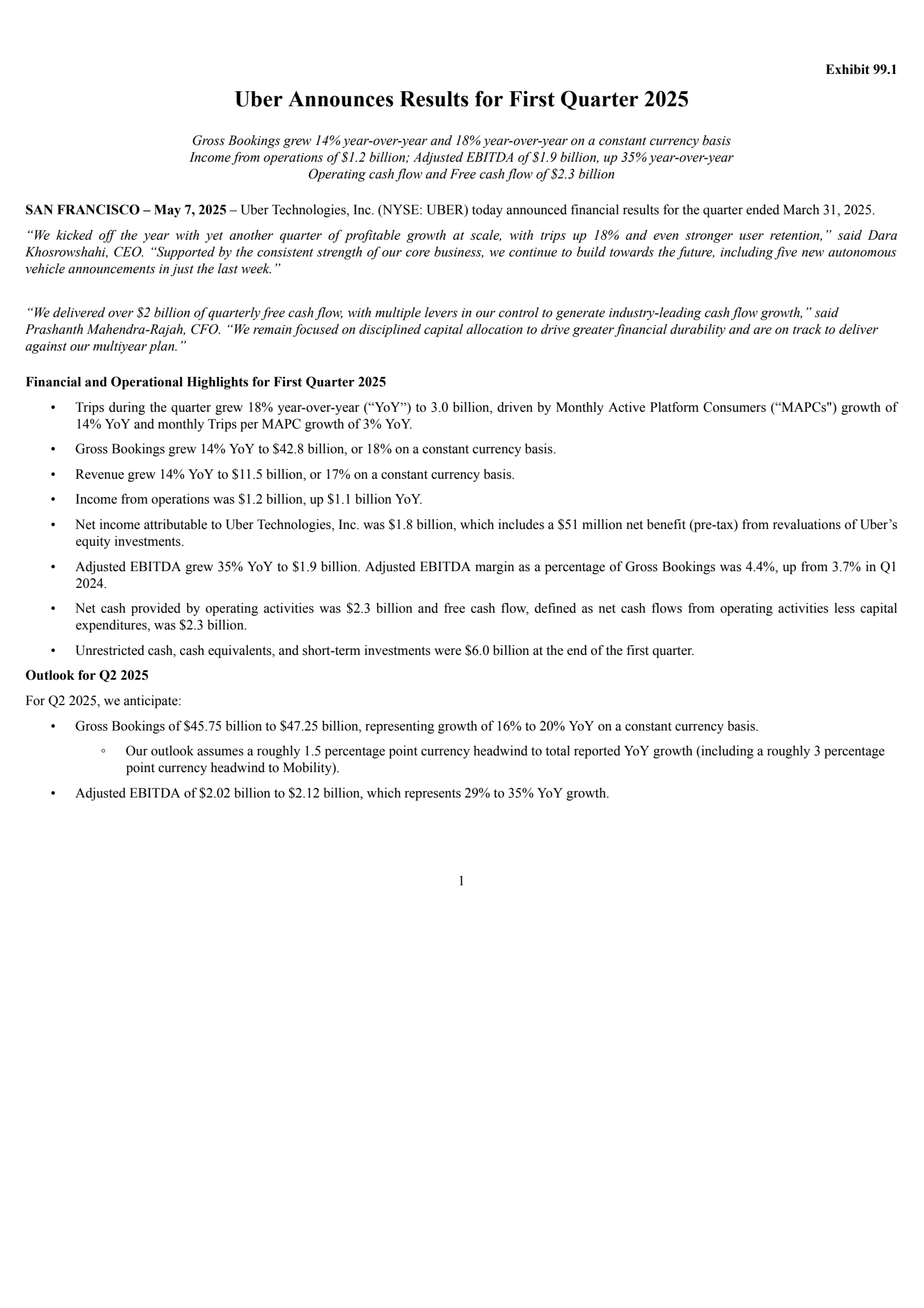 Uber Technologies' Q1 2025 Earnings Release