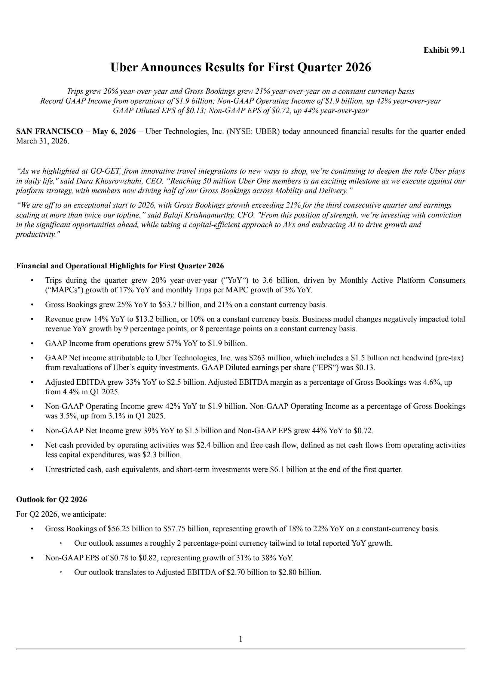 Uber Technologies' Q1 2026 Press Release