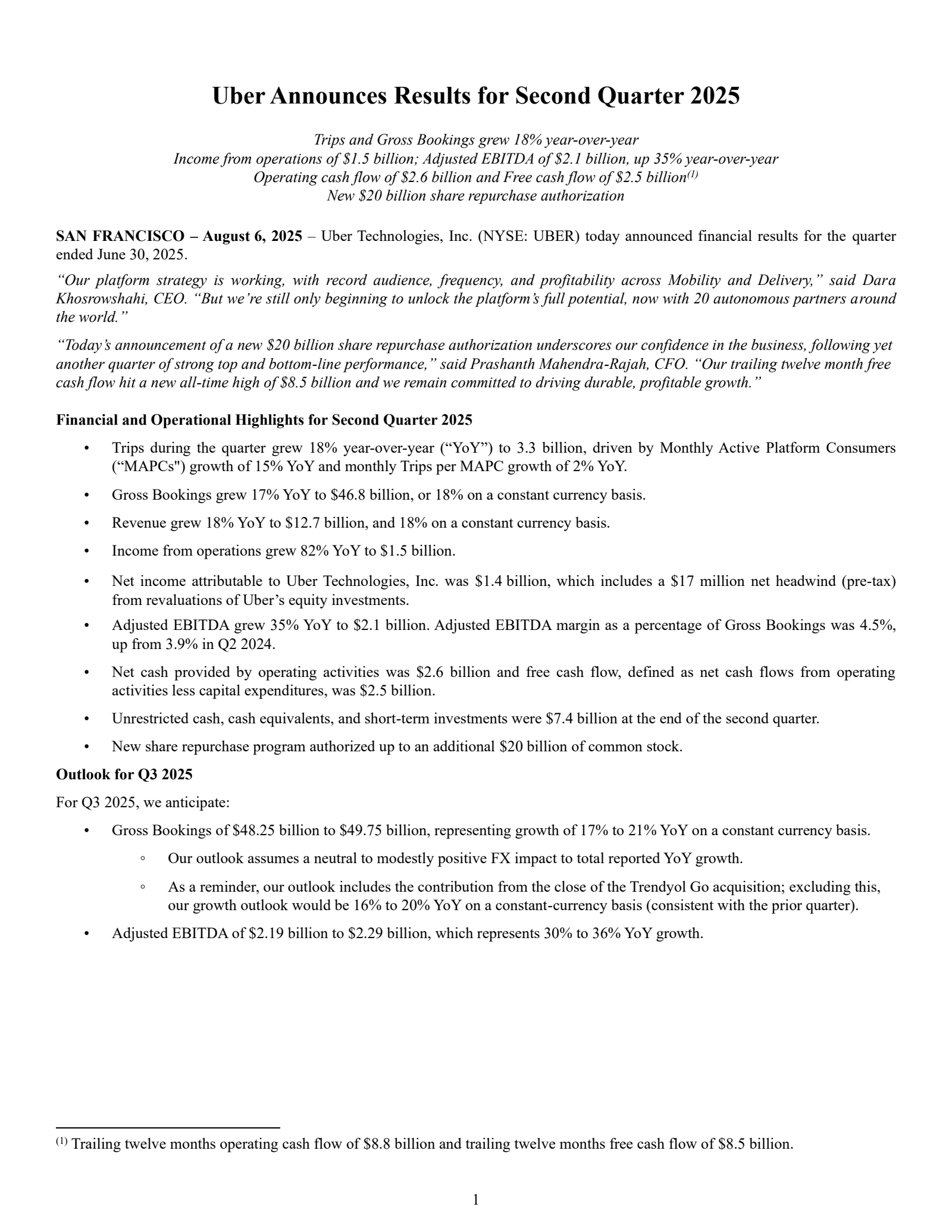 Uber Technologies' Q2 2025 Press Release
