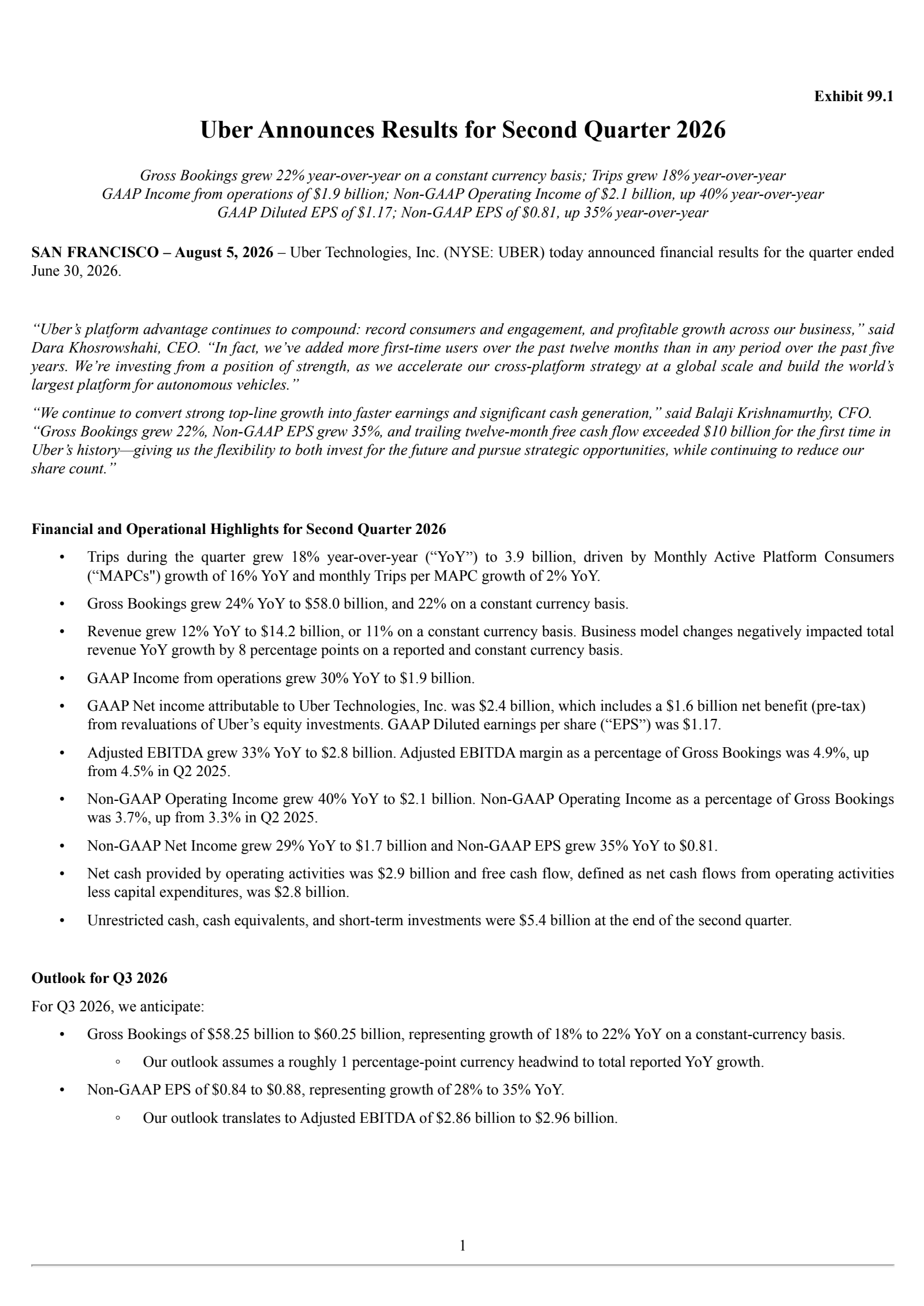 Uber Technologies' Q2 2026 Press Release