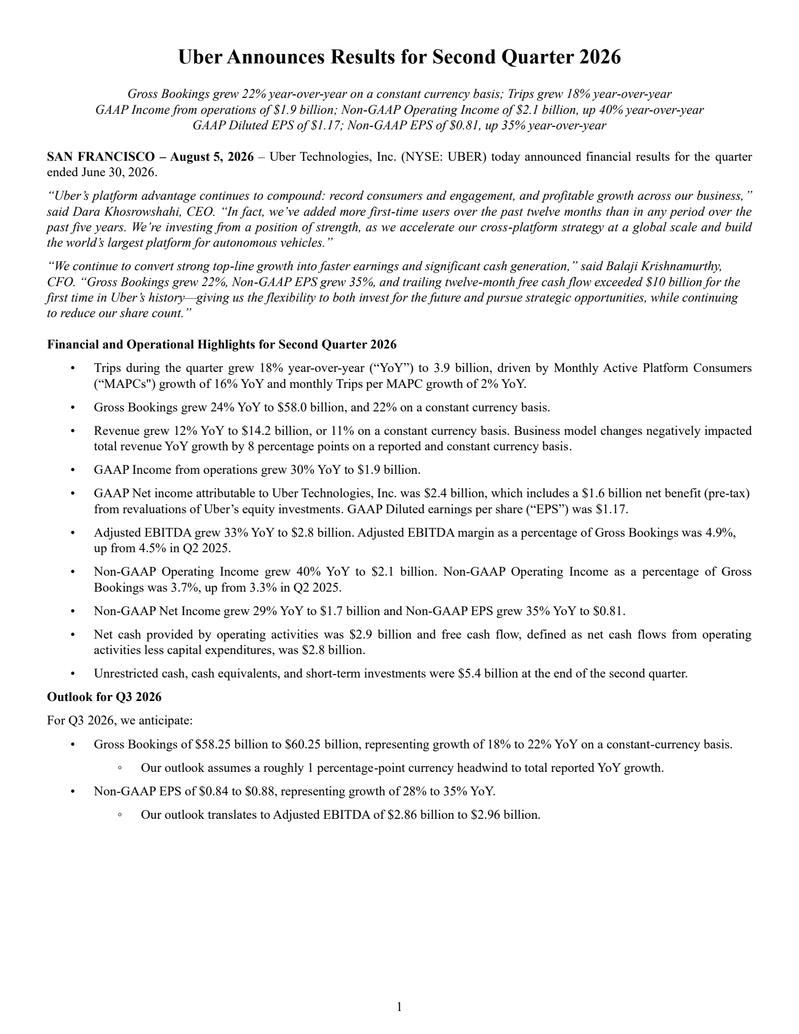 Uber Technologies' Q2 2026 Press Release