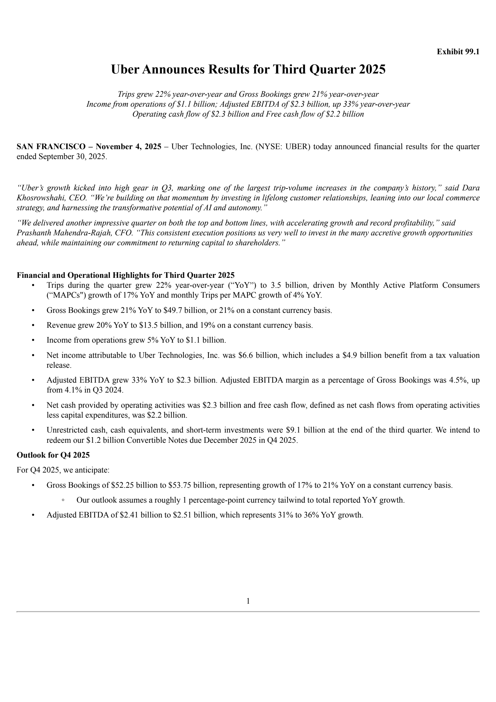Uber Technologies' Q3 2025 Earnings Release