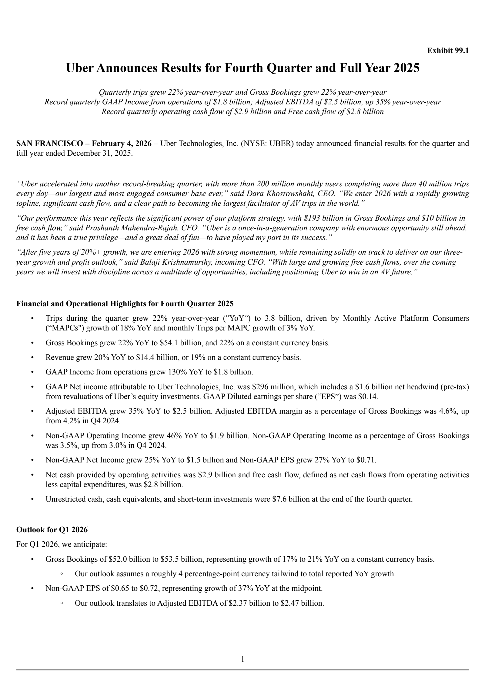 Uber Technologies' Q4 2025 Press Release
