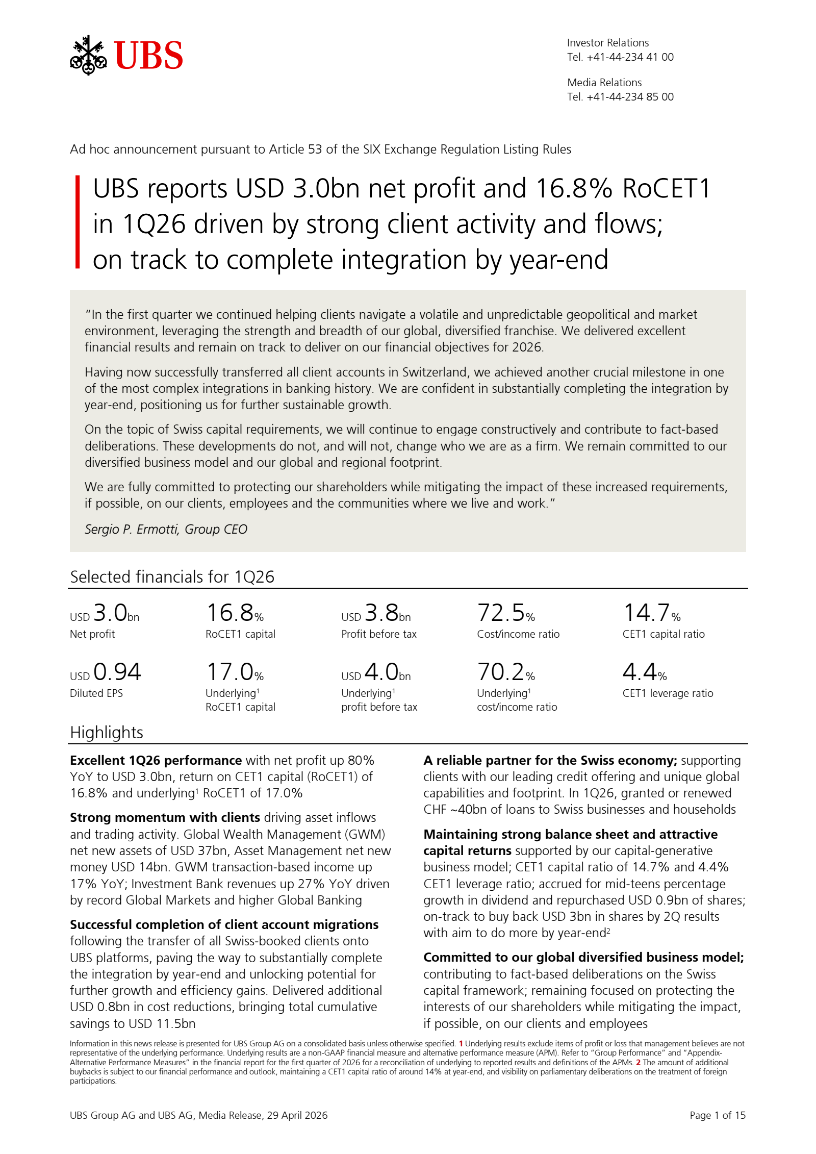 UBS Group's Q1 2026 Press Release