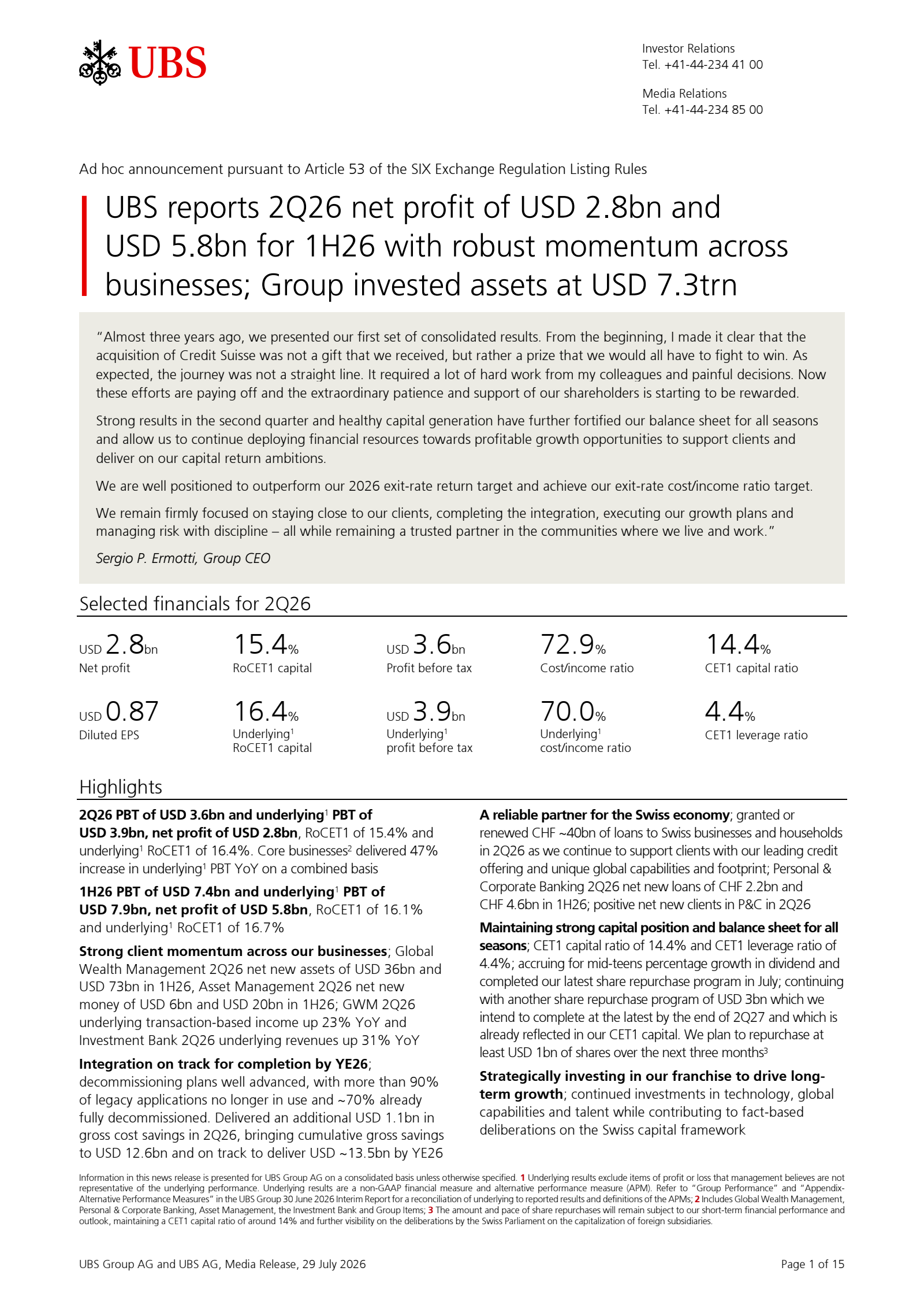 UBS Group's Q2 2026 Press Release