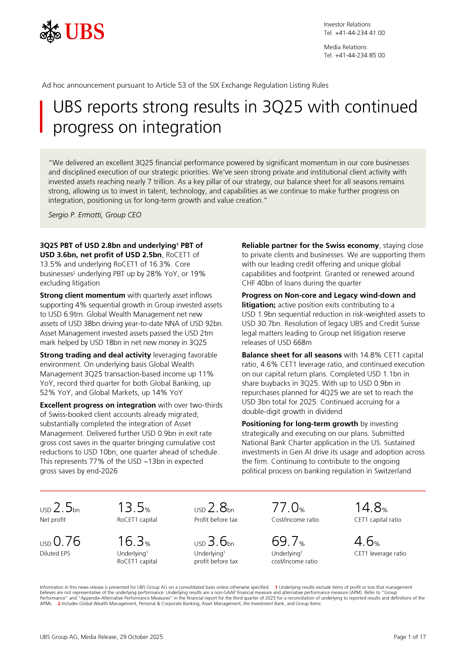 UBS Group's Q3 2025 Earnings Release