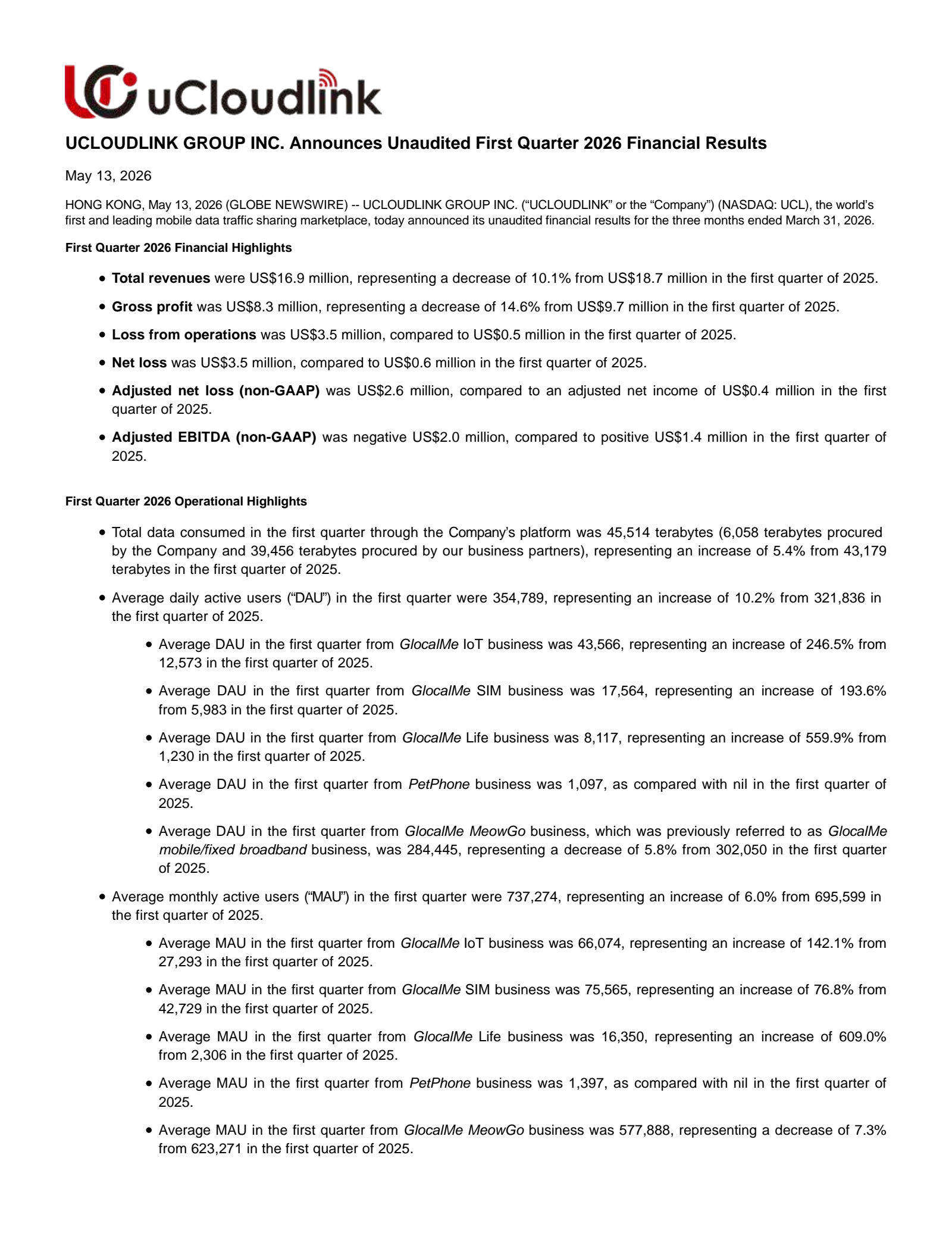 uCloudlink Group's Q1 2026 Press Release