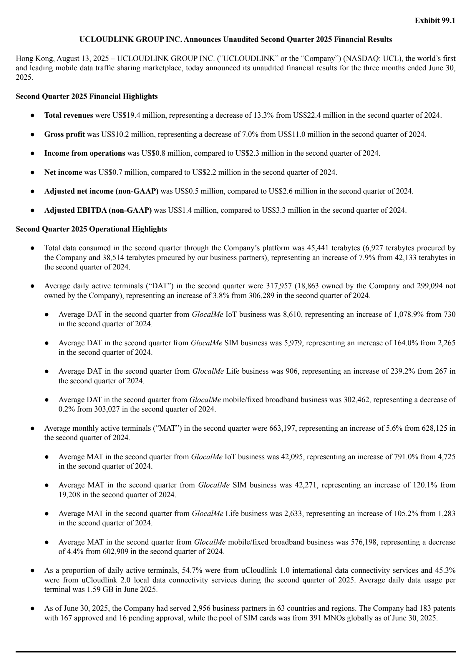 uCloudlink Group's Q2 2025 Press Release