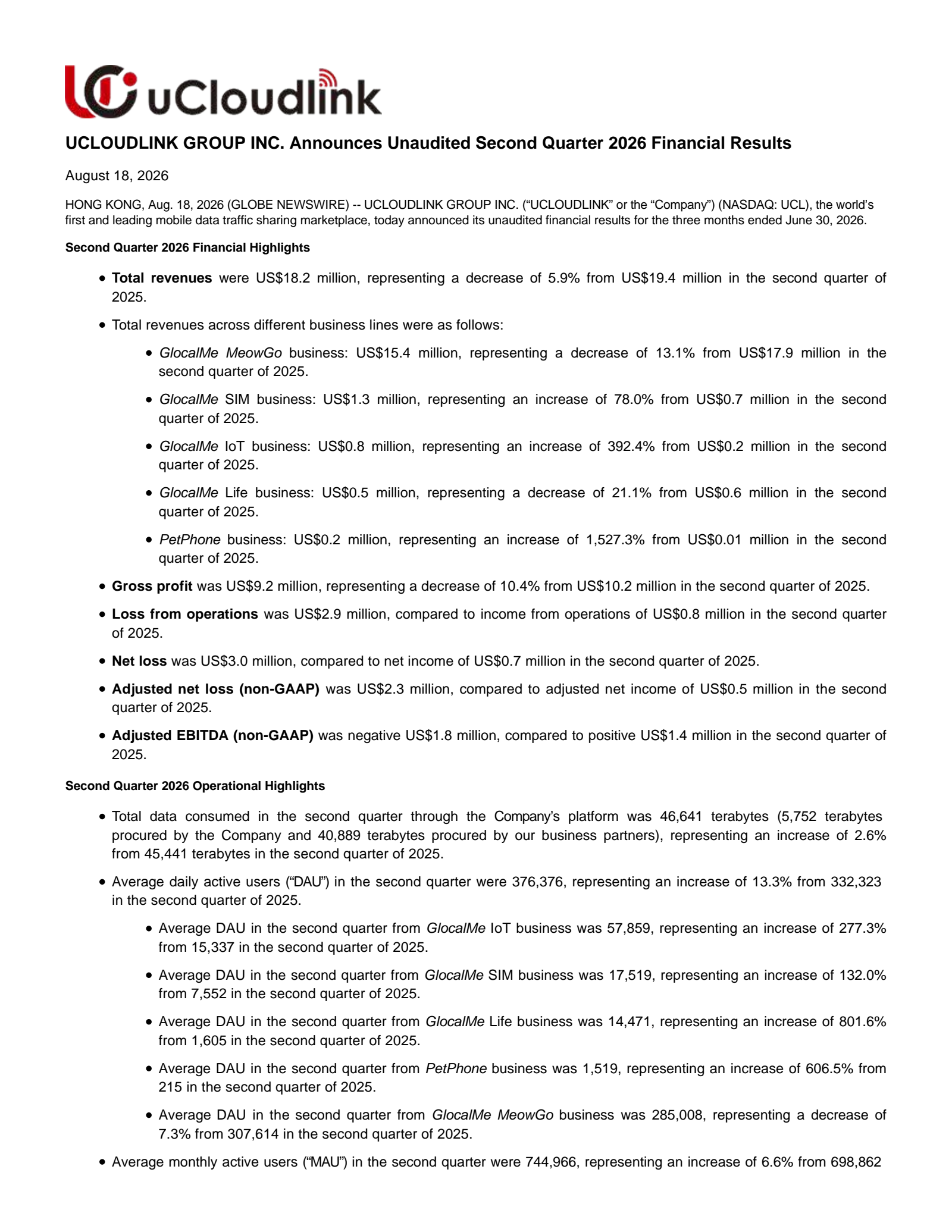 uCloudlink Group's Q2 2026 Press Release
