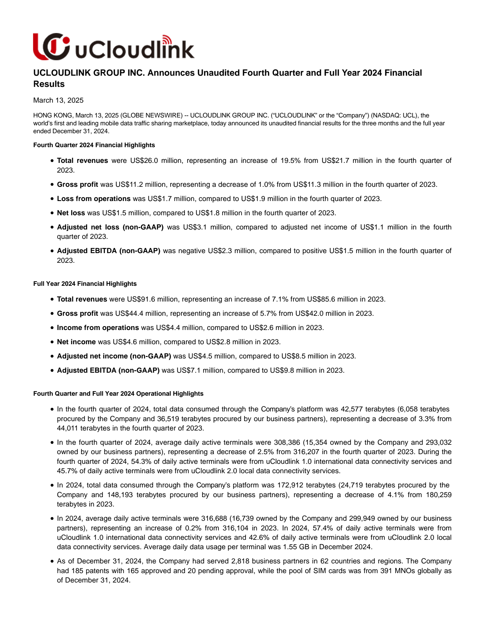 uCloudlink Group's Q4 2024 Press Release