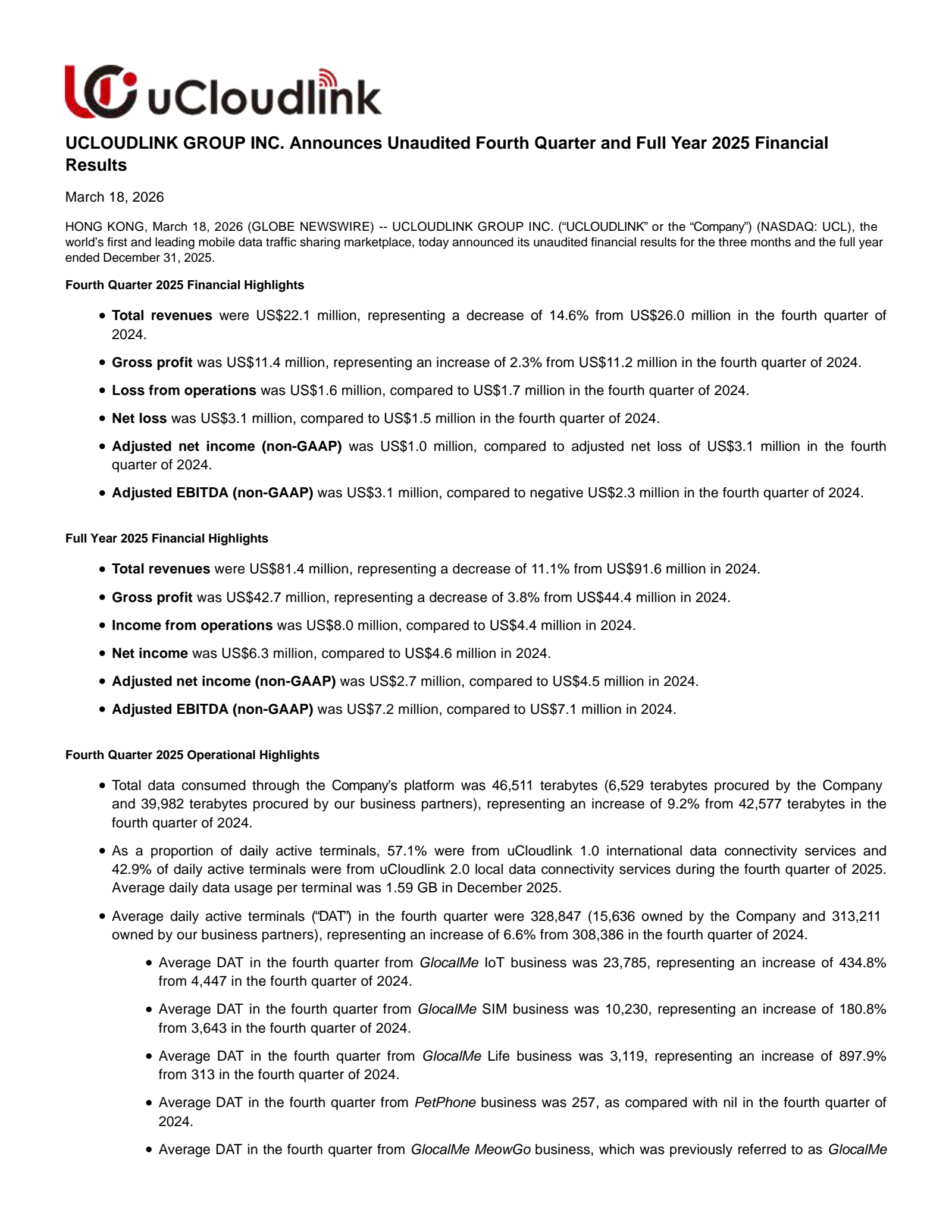uCloudlink Group's Q4 2025 Press Release