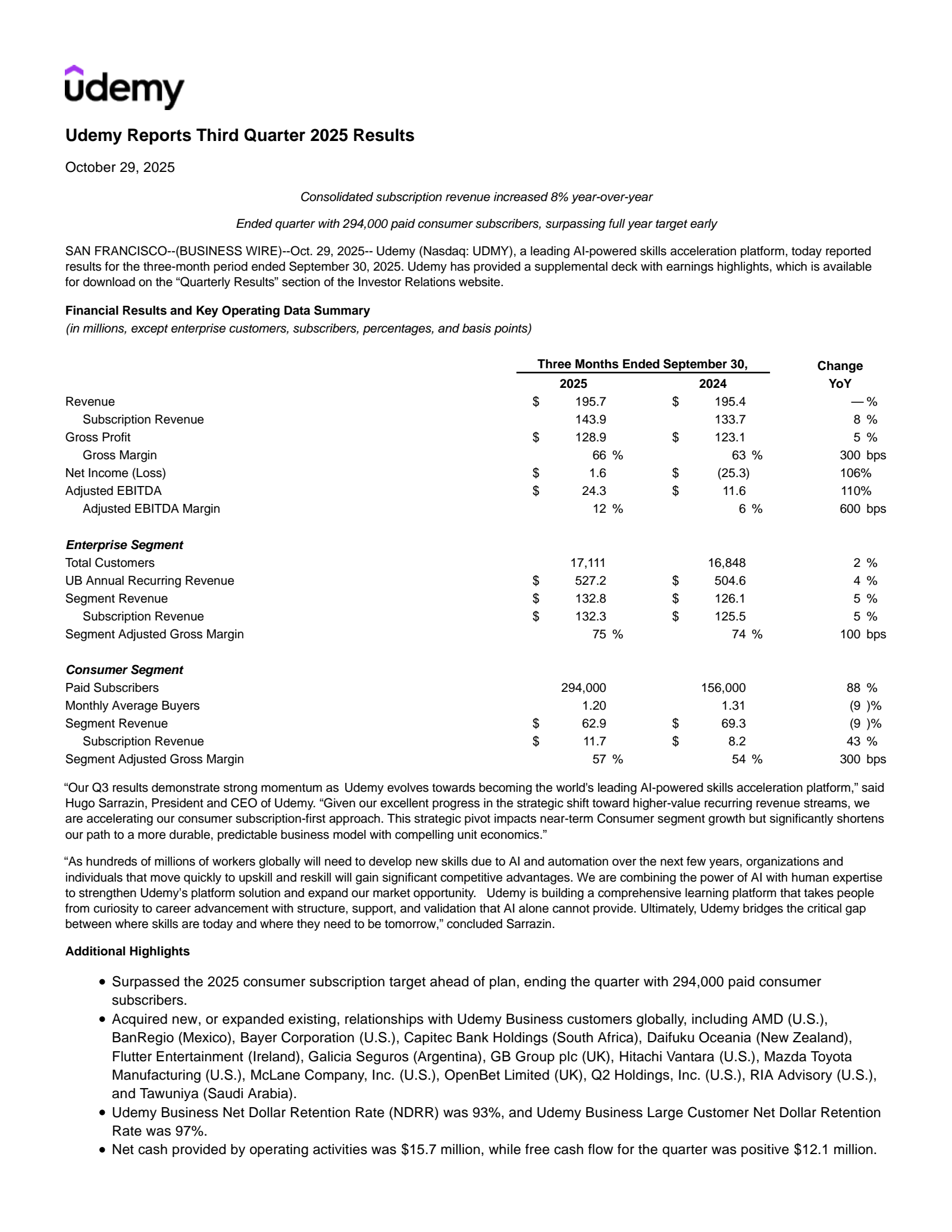 Udemy's Q3 2025 Earnings Release