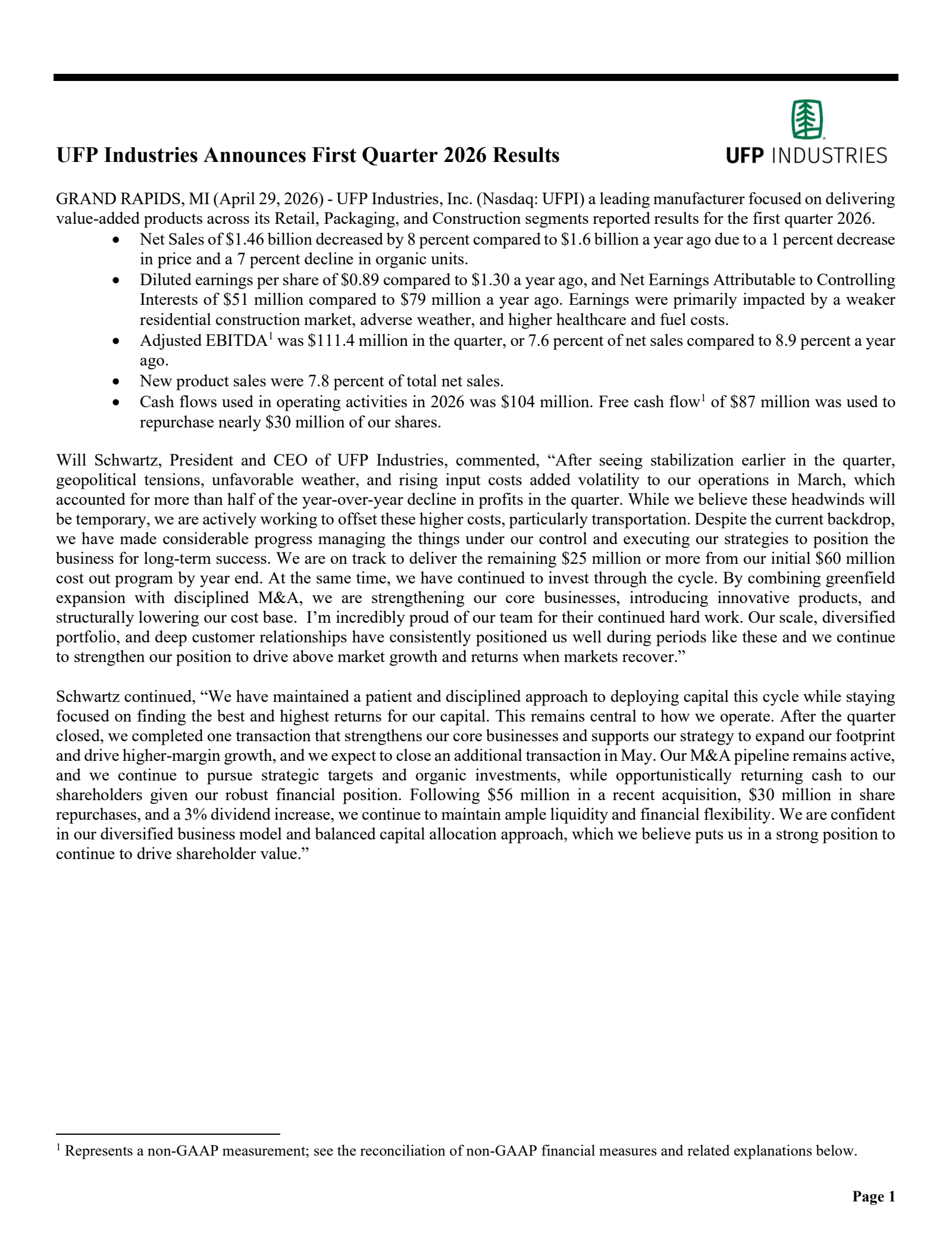 UFP Industries' Q1 2026 Press Release