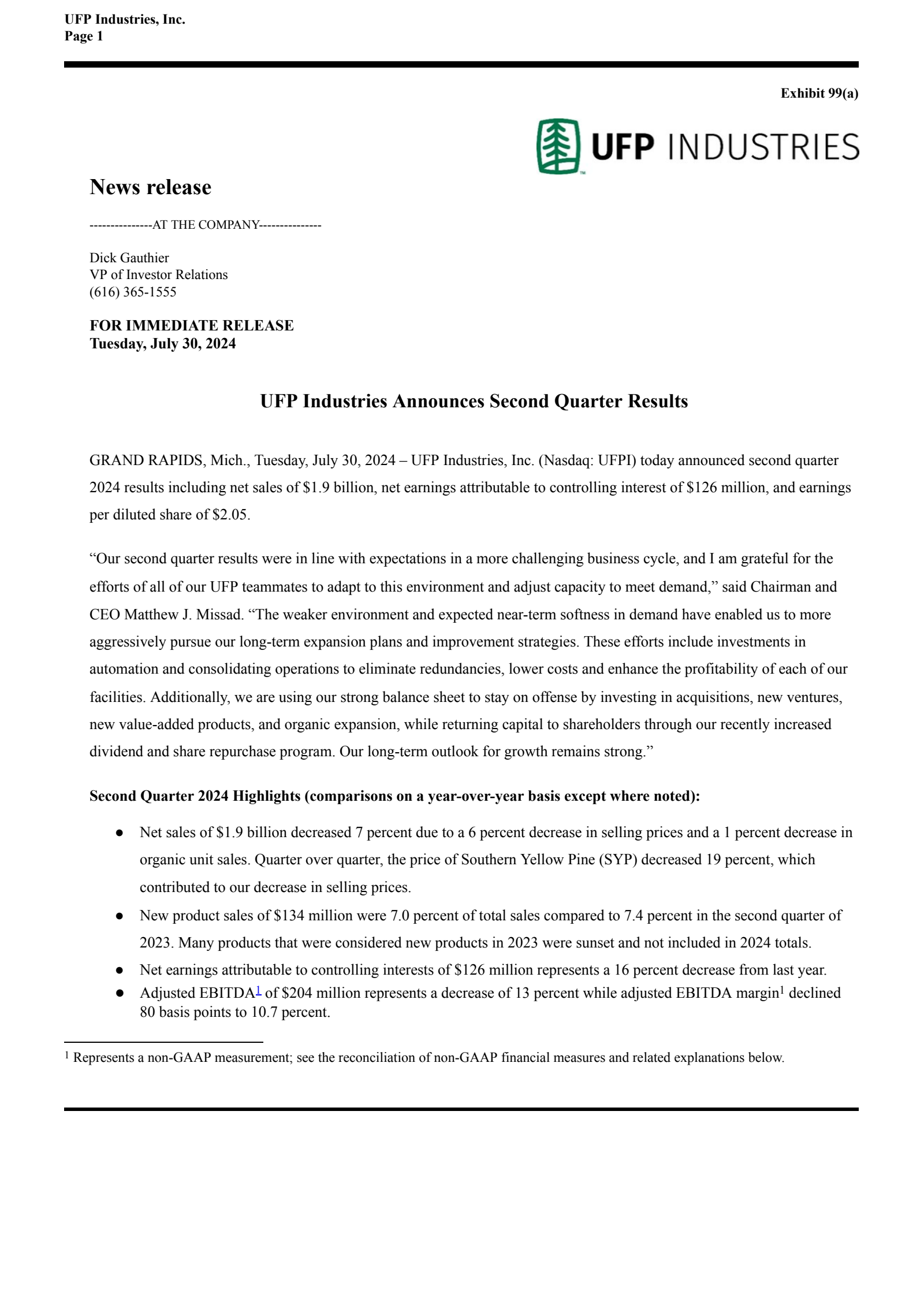 UFP Industries' Q2 2024 Press Release