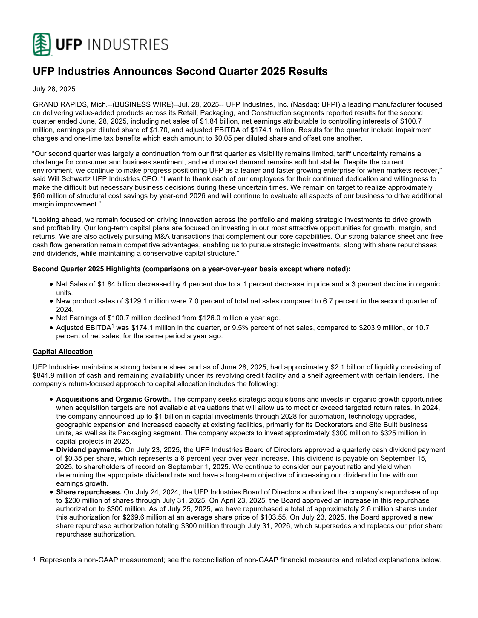 UFP Industries' Q2 2025 Press Release