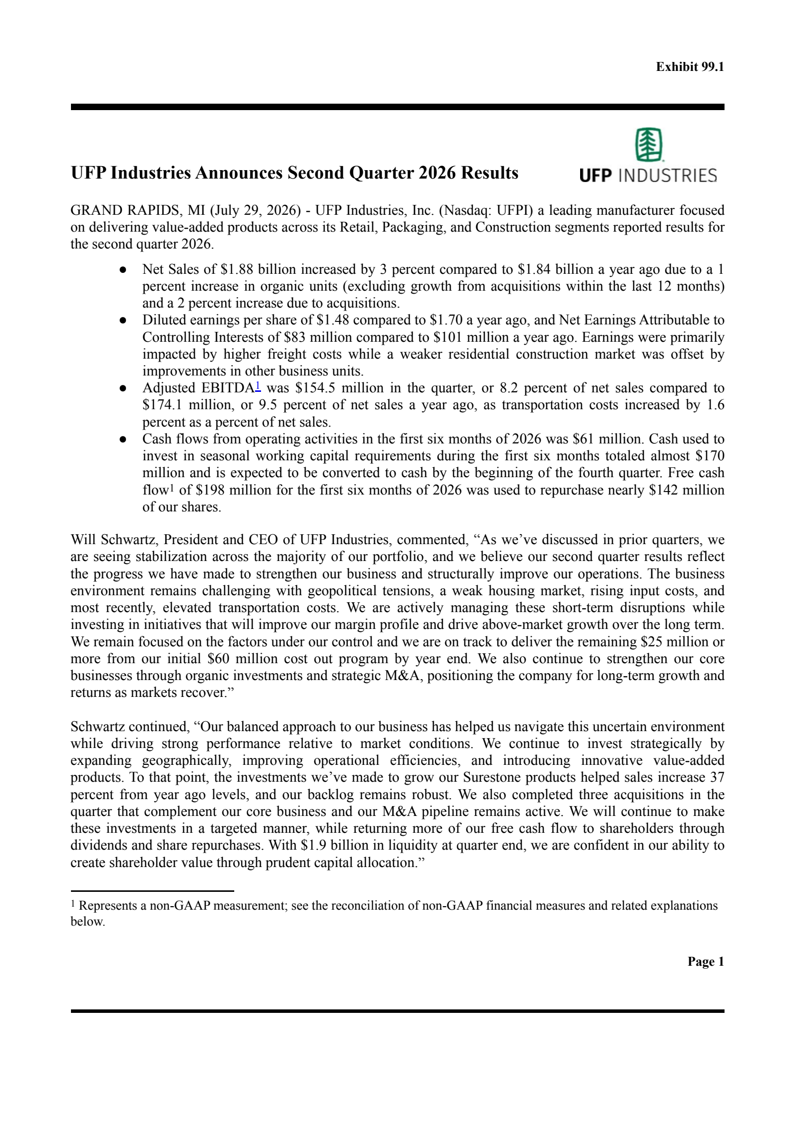 UFP Industries' Q2 2026 Press Release