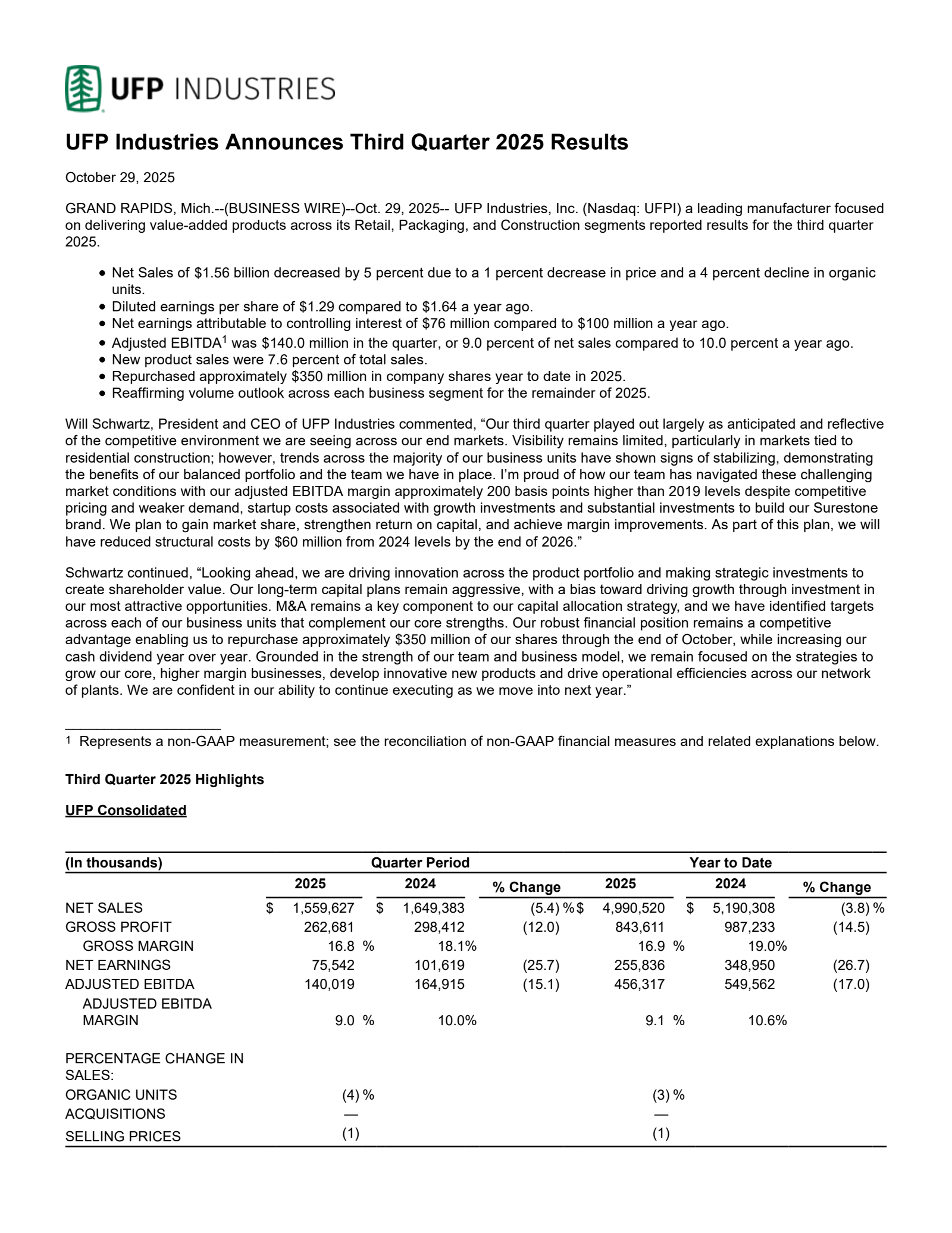 UFP Industries' Q3 2025 Earnings Release