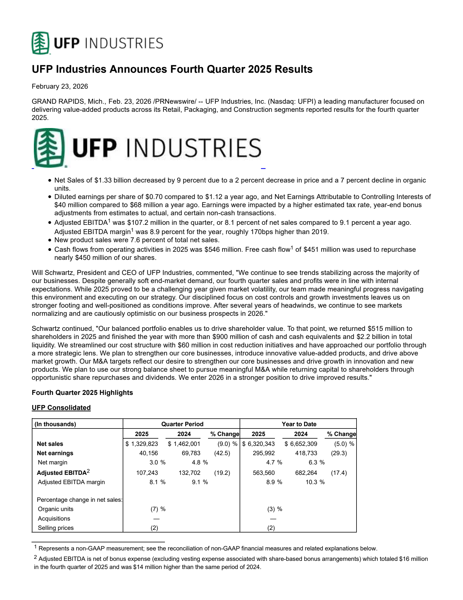 UFP Industries' Q4 2025 Press Release