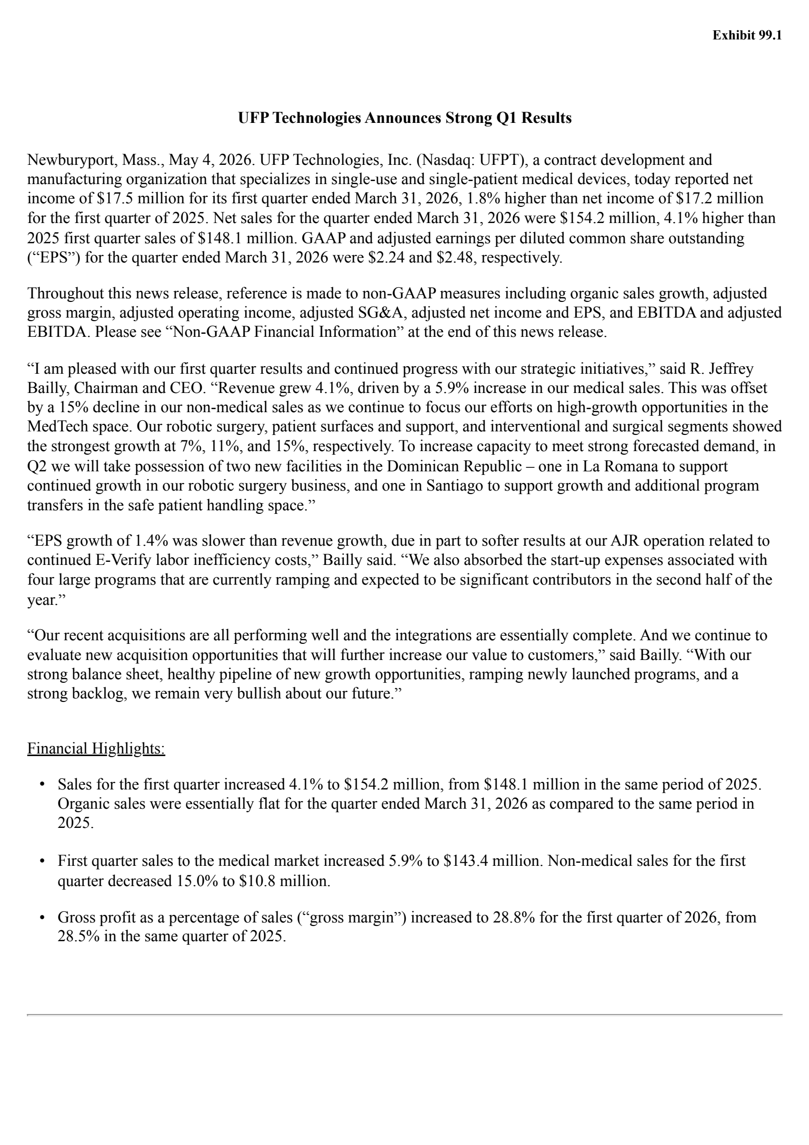 UFP Technologies' Q1 2026 Press Release