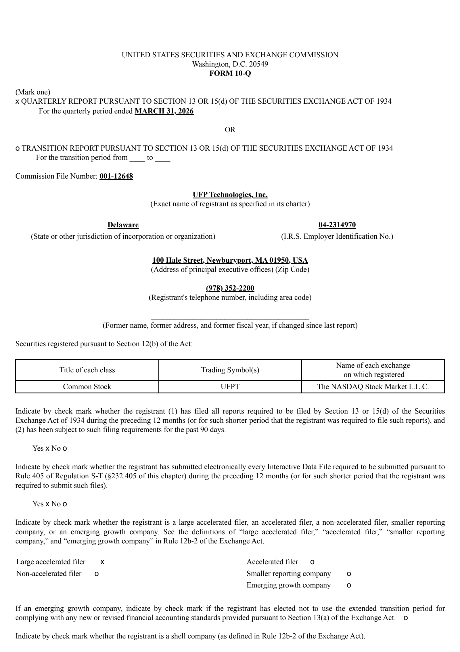 UFP Technologies' Q1 2026 Quarterly report