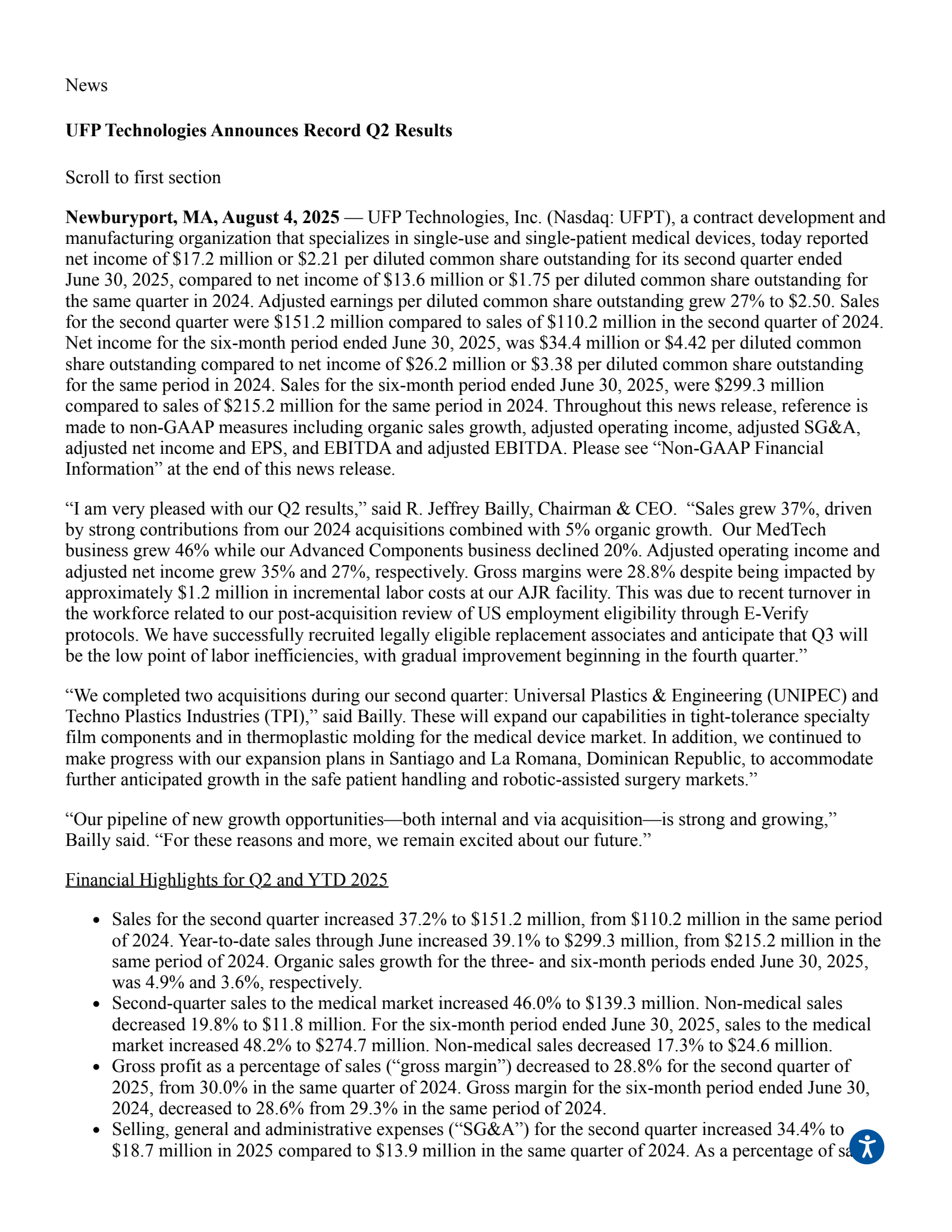 UFP Technologies' Q2 2025 Press Release