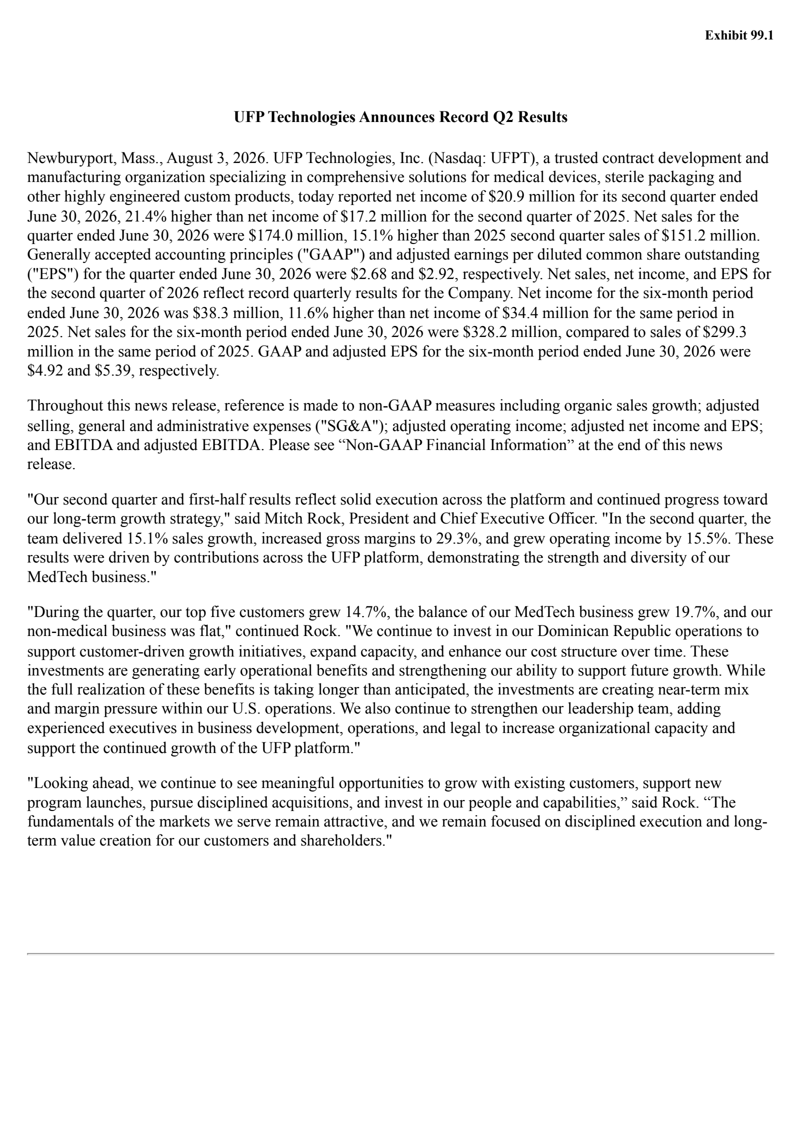 UFP Technologies' Q2 2026 Press Release