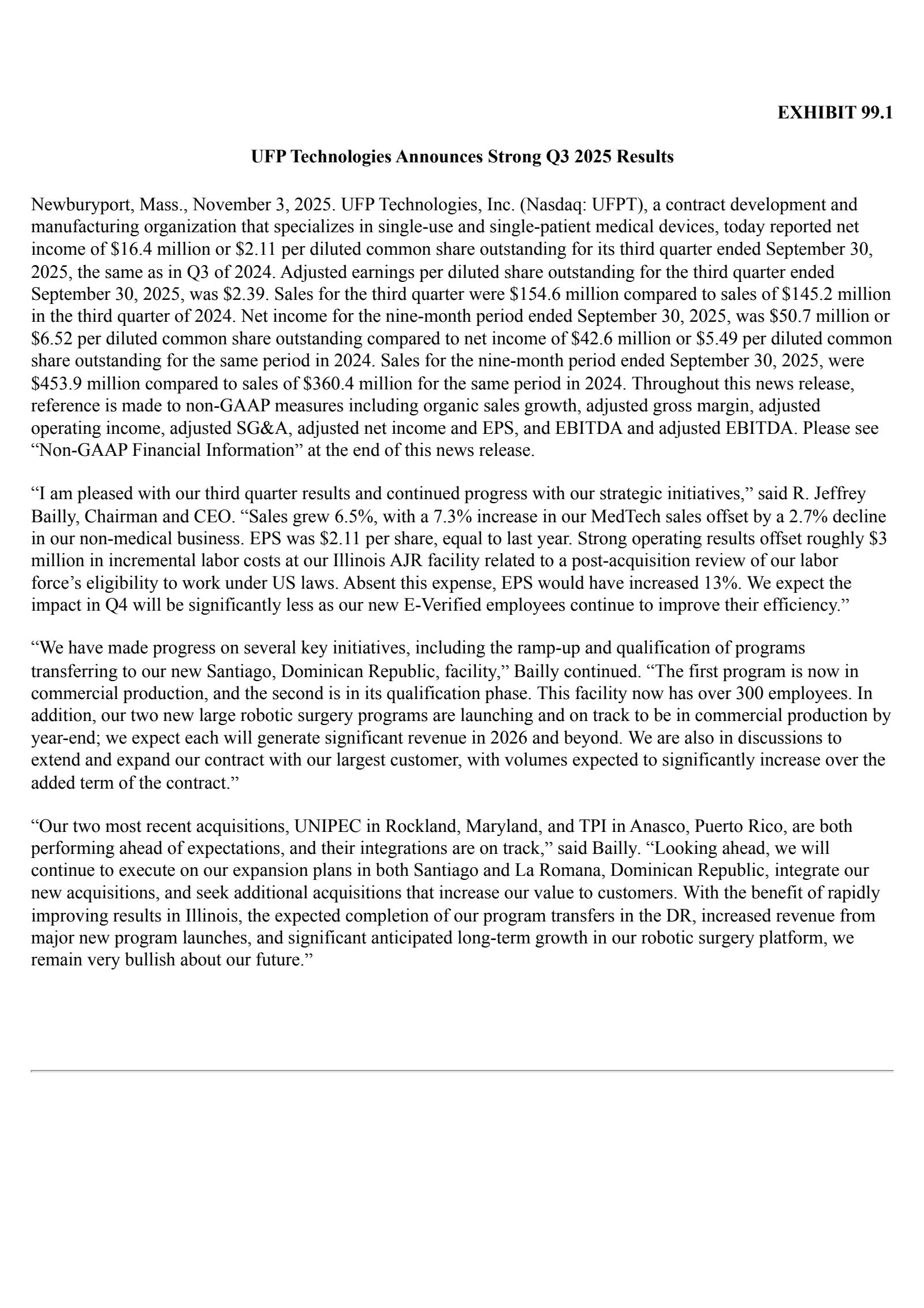 UFP Technologies' Q3 2025 Earnings Release