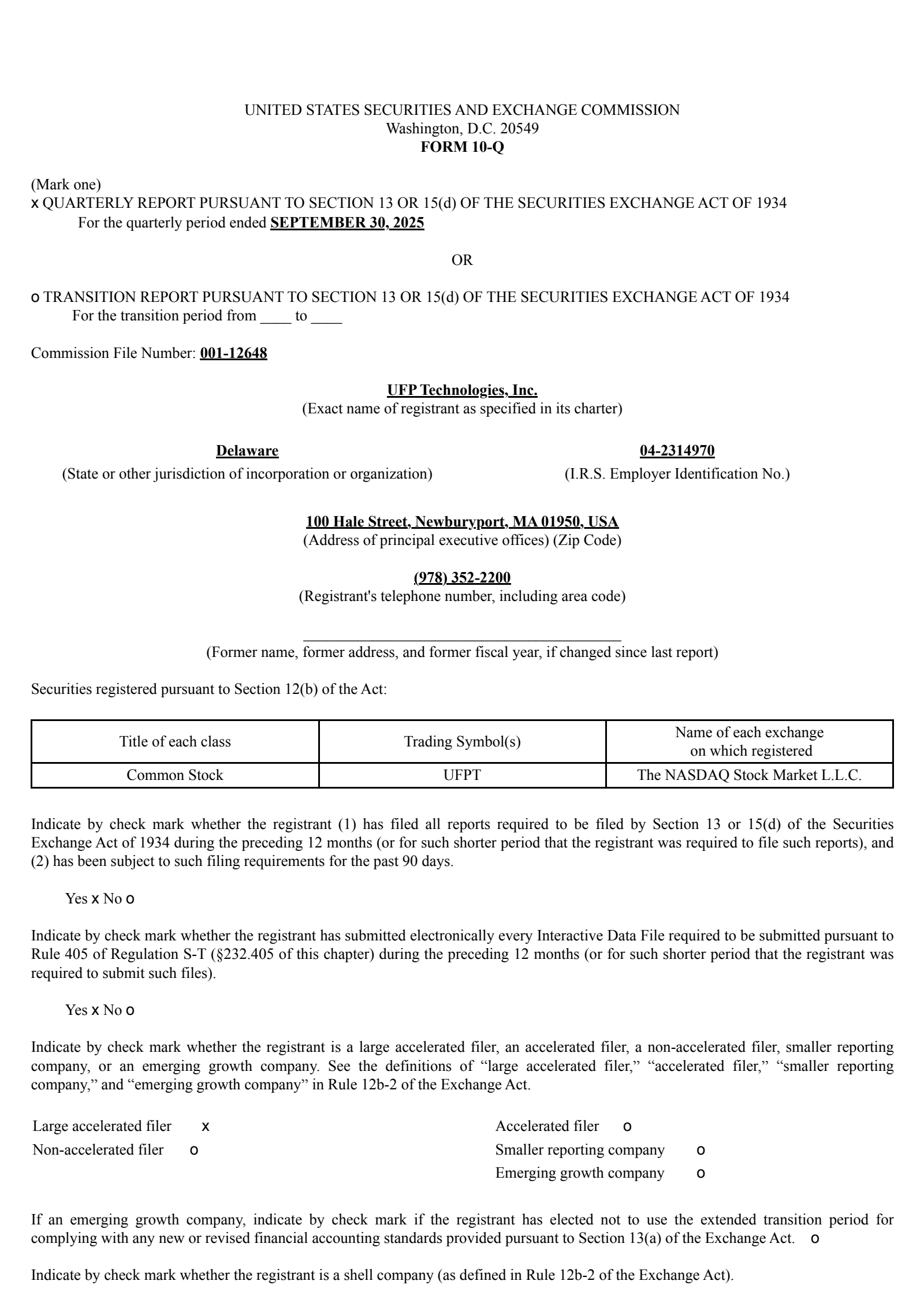 UFP Technologies' Q3 2025 Quarterly Report