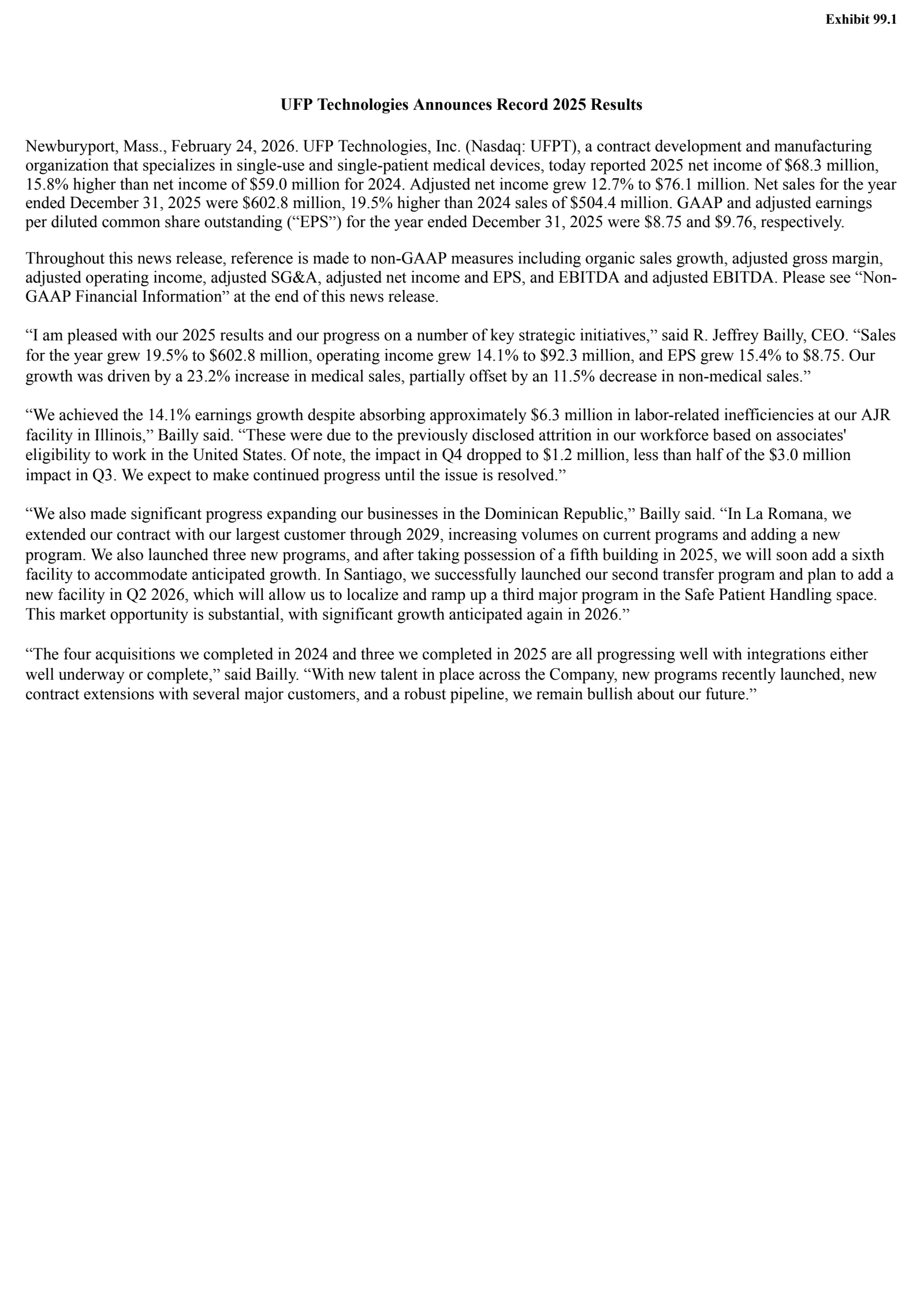 UFP Technologies' Q4 2025 Press Release