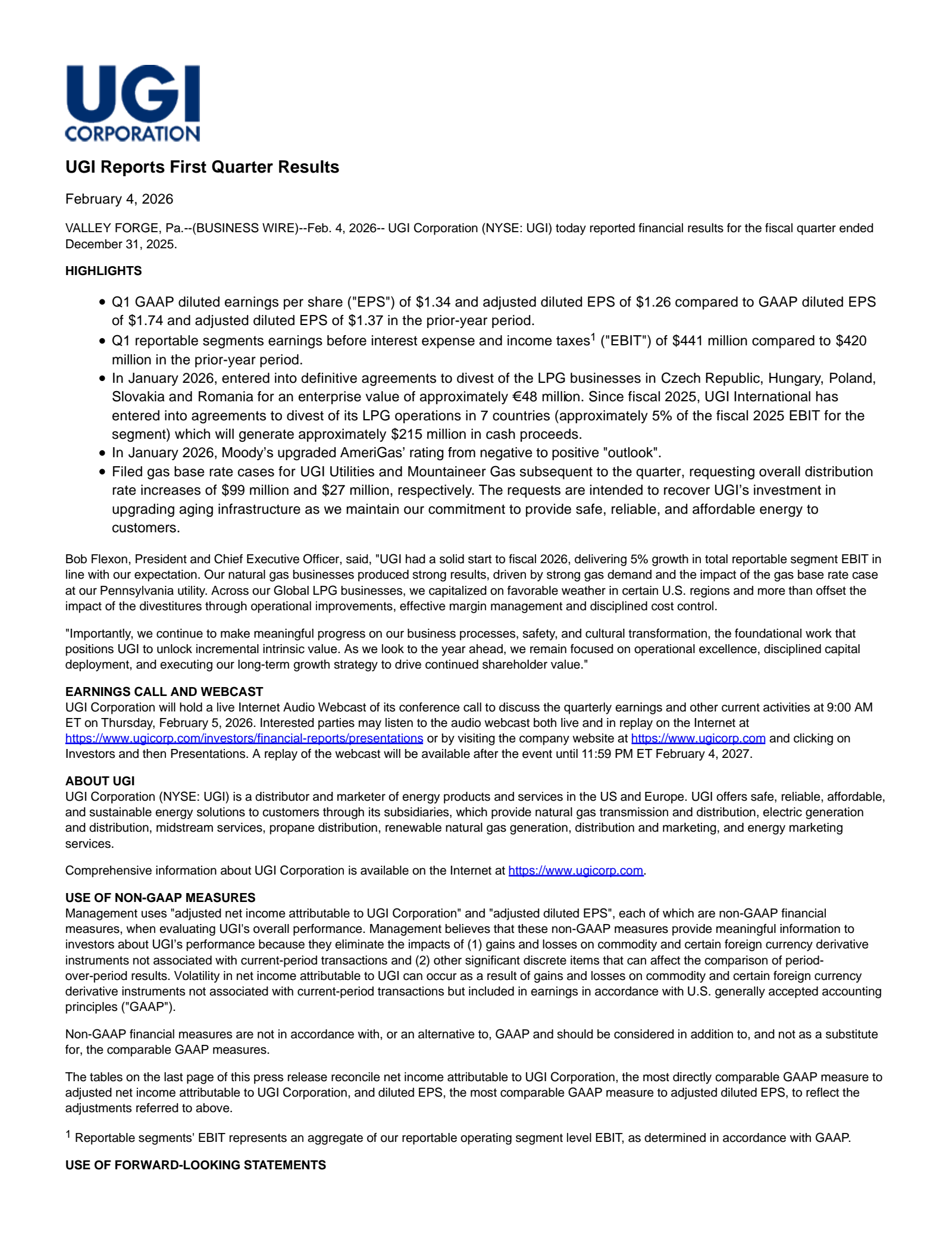 UGI's Q1 2026 Press Release