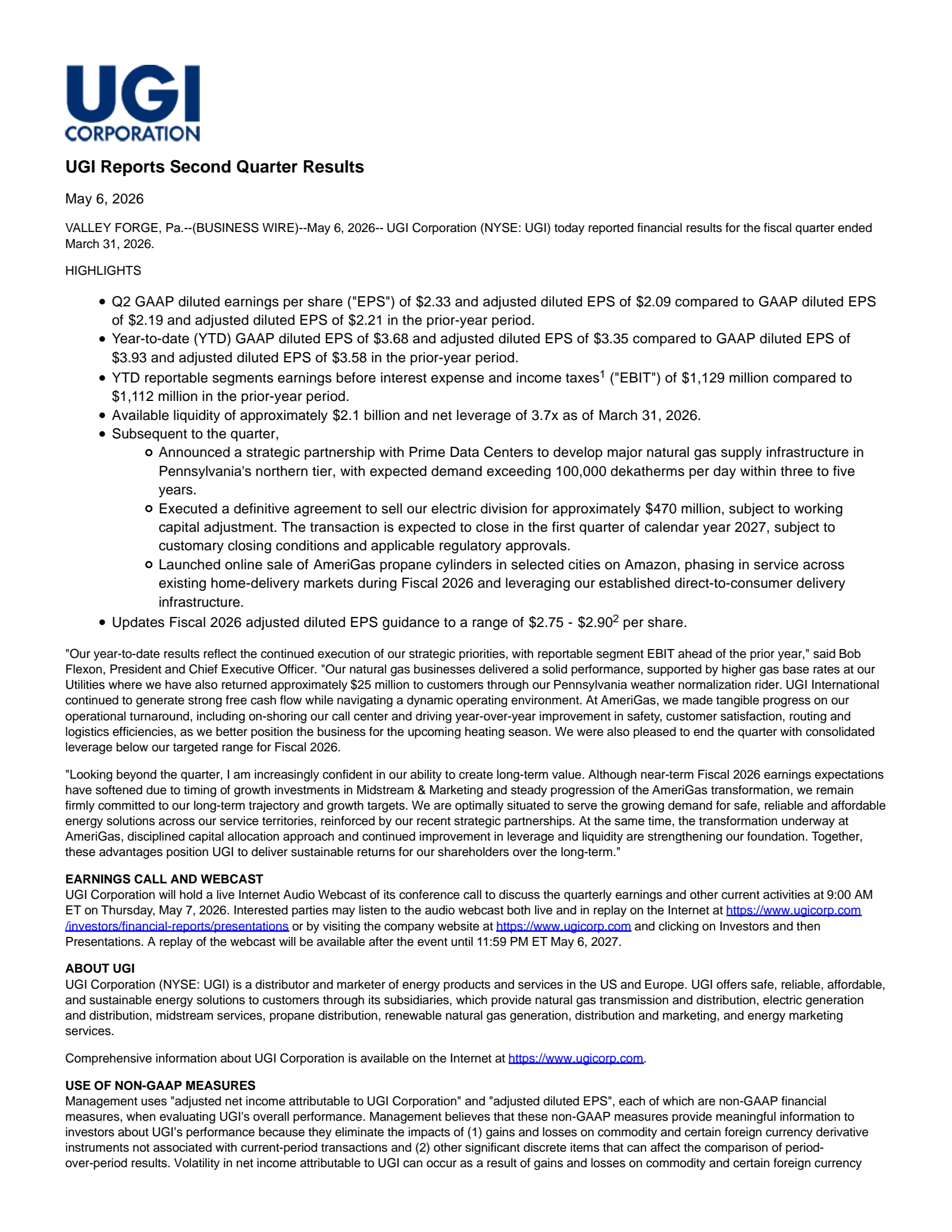 UGI's Q2 2026 Press Release