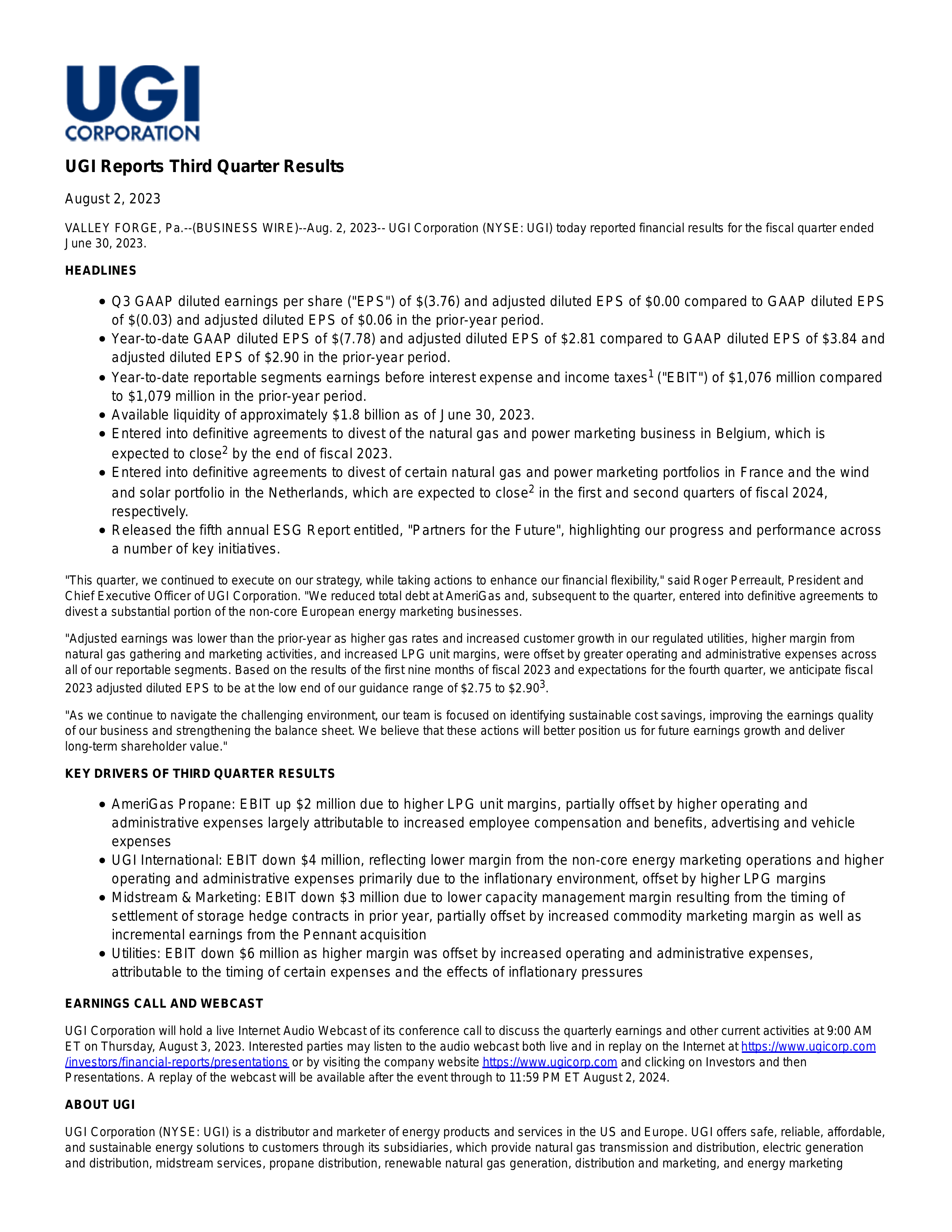UGI's Q3 2023 Press Release