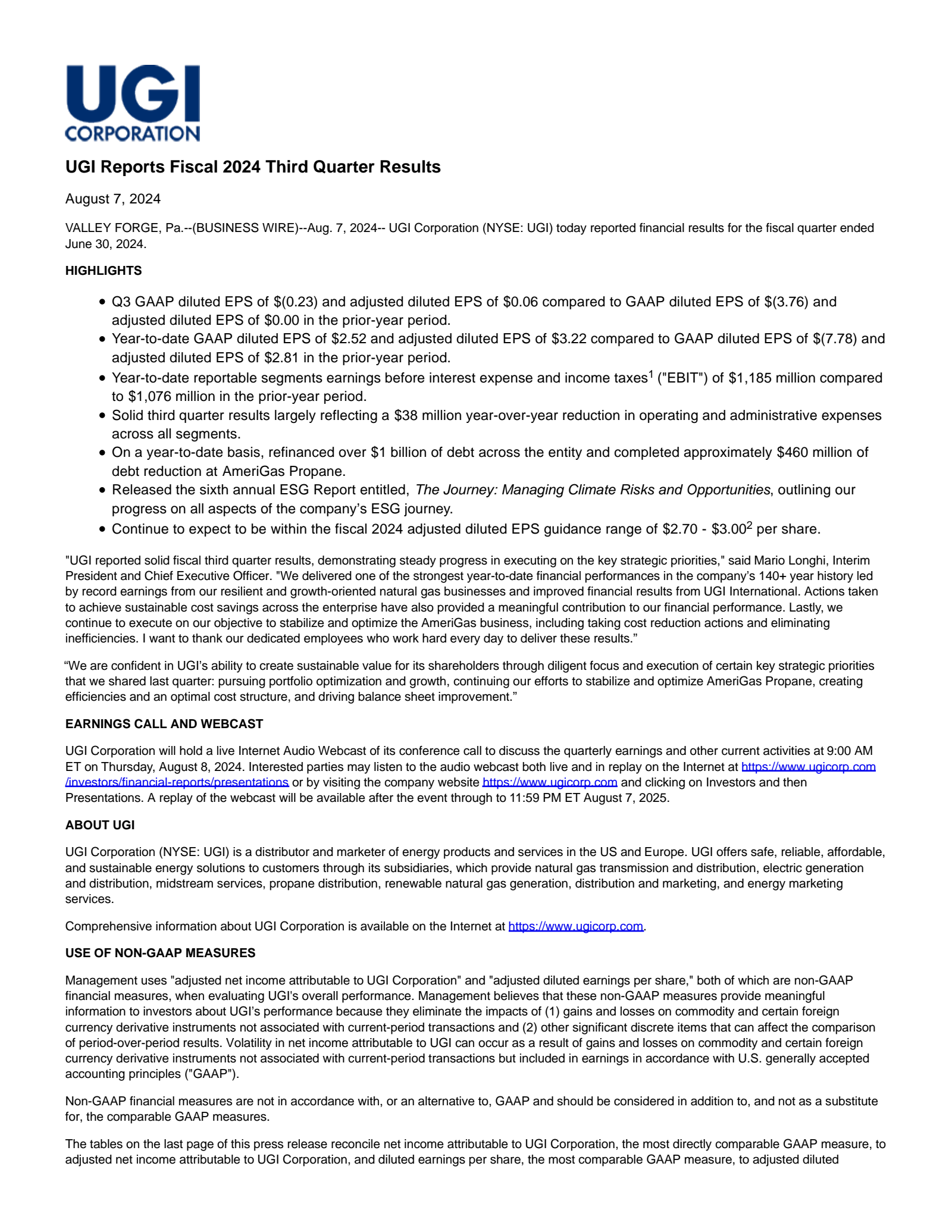 UGI's Q3 2024 Press Release