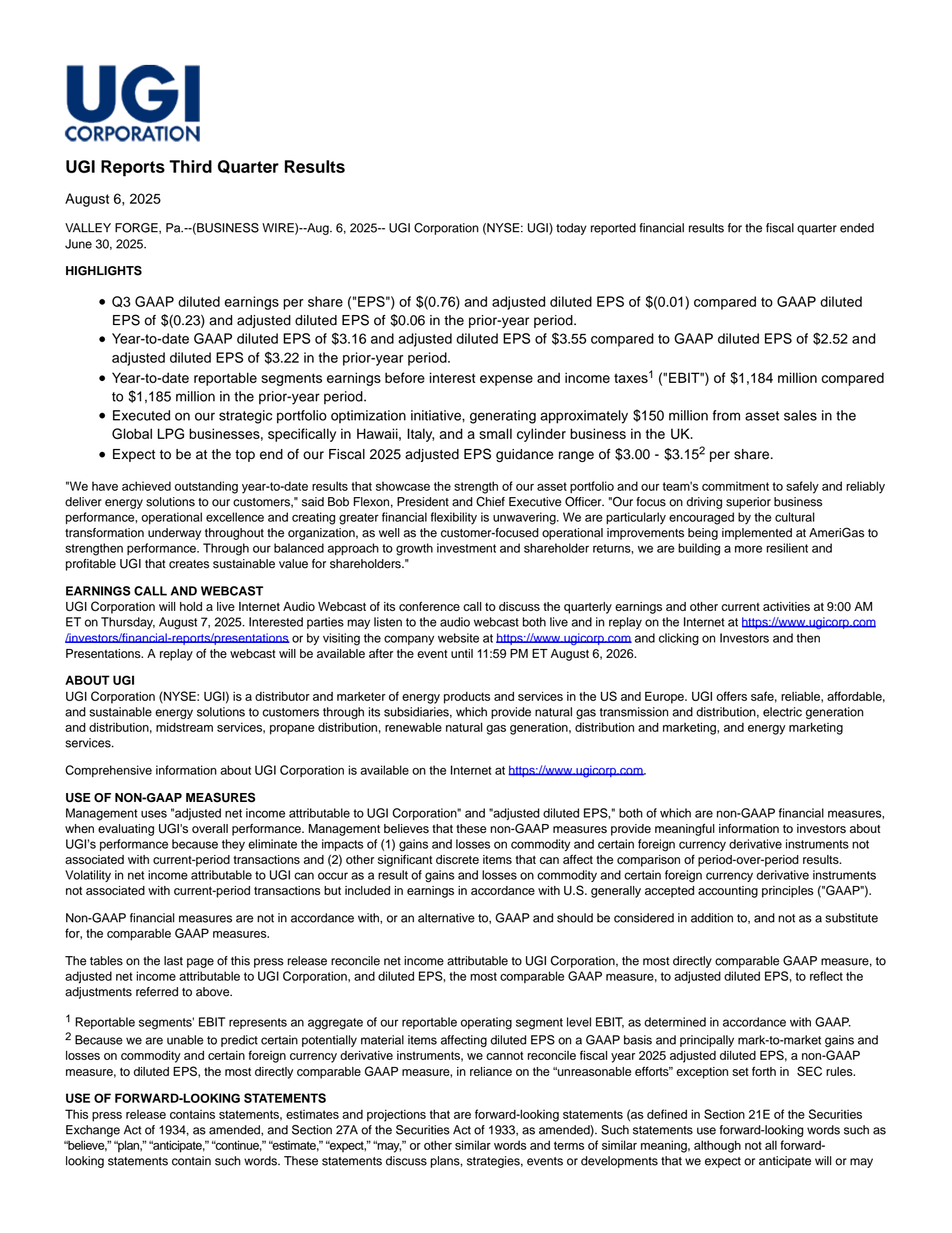 UGI's Q3 2025 Press Release
