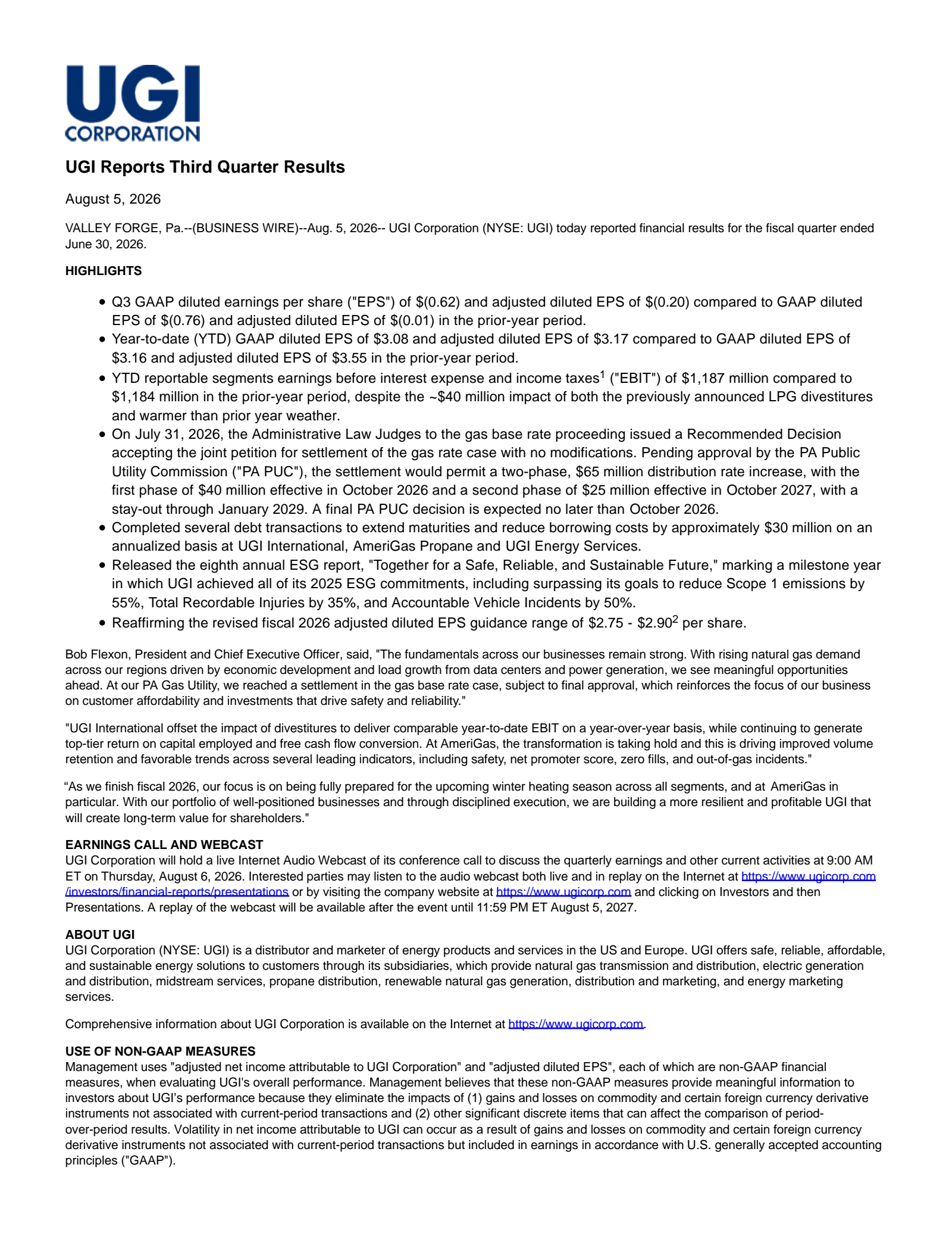 UGI's Q3 2026 Press Release