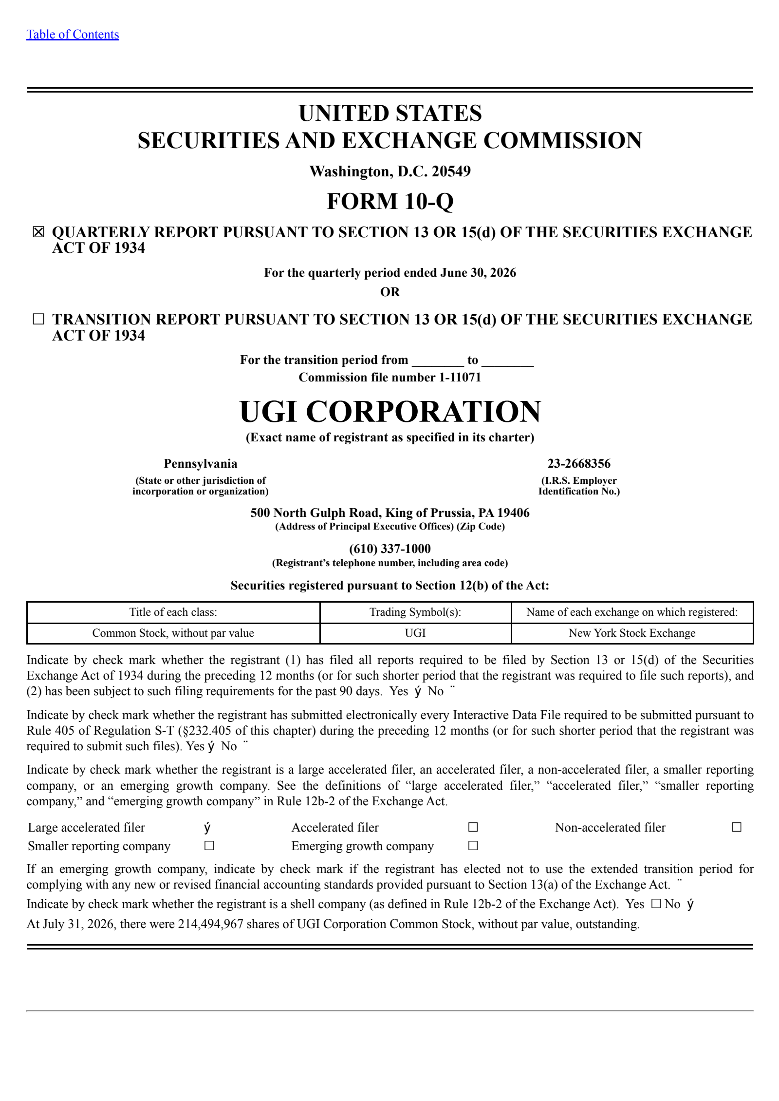 UGI's Q3 2026 Quarterly report