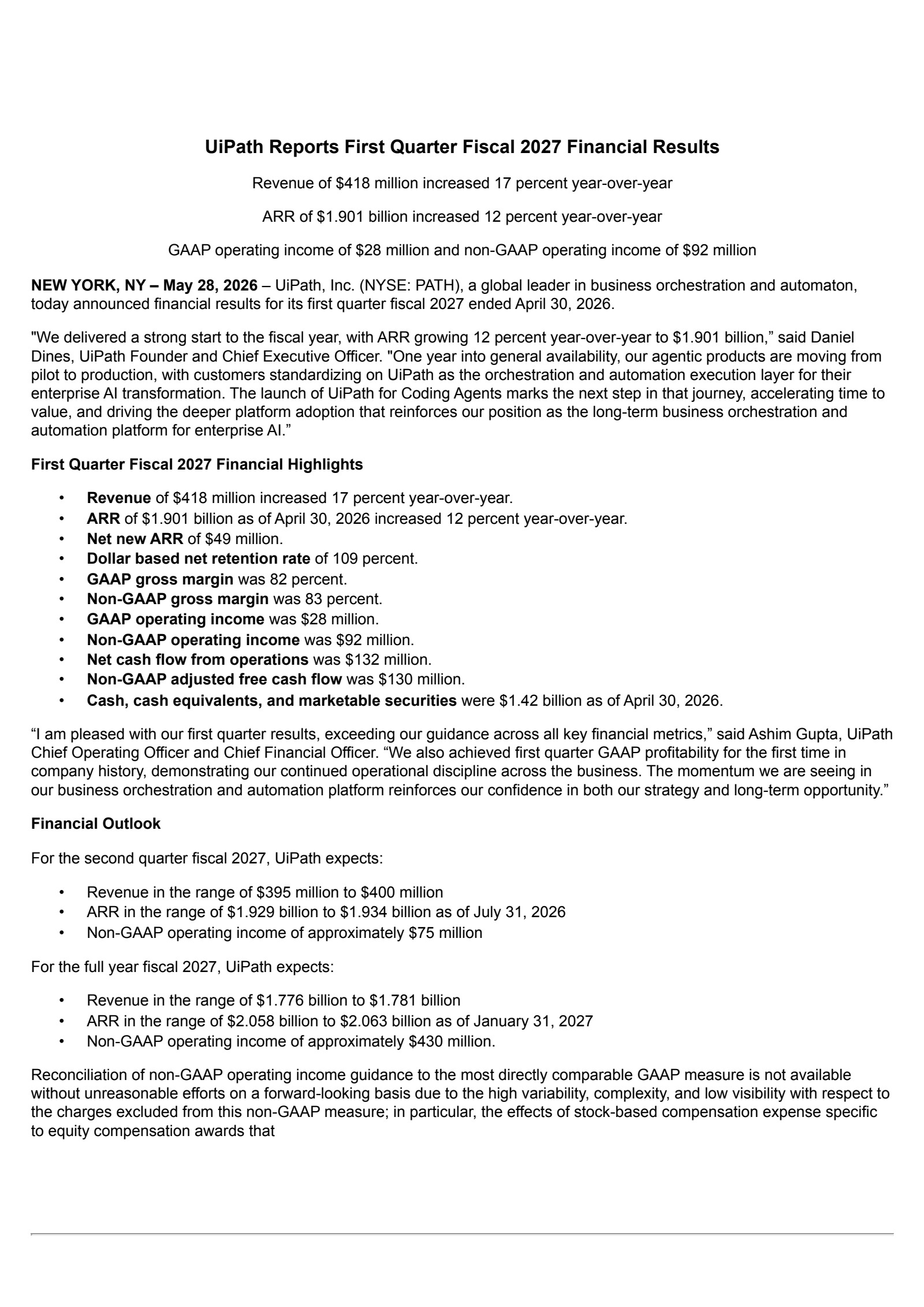 UiPath's Q1 2027 Press Release