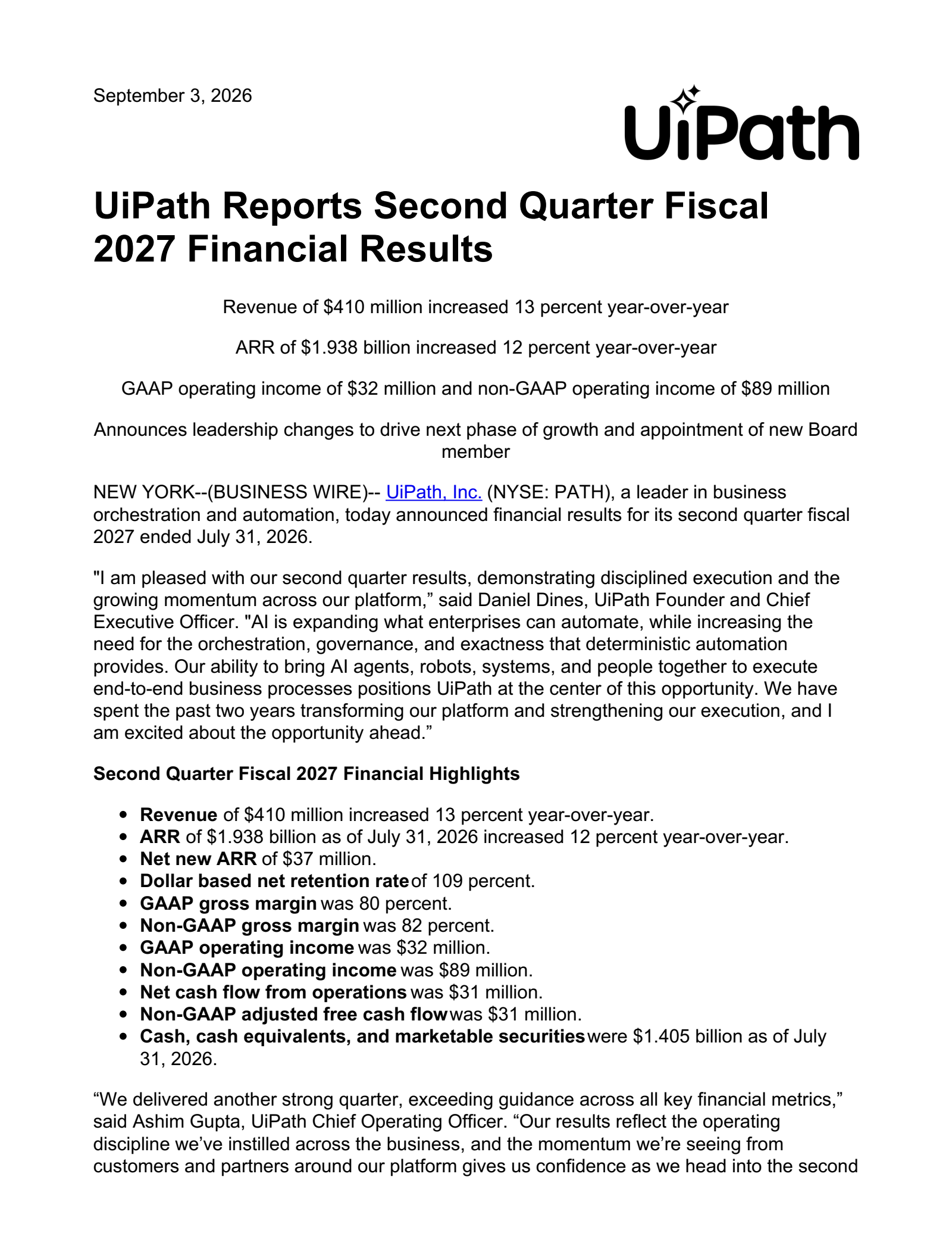 UiPath's Q2 2027 Press Release