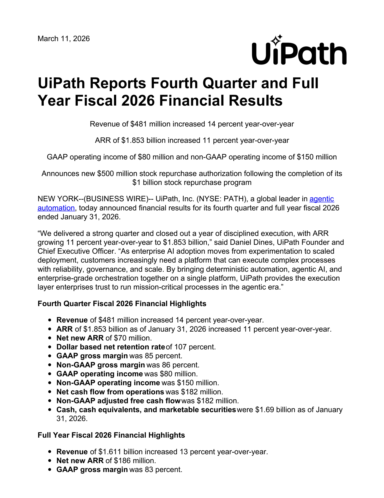 UiPath's Q4 2026 Press Release