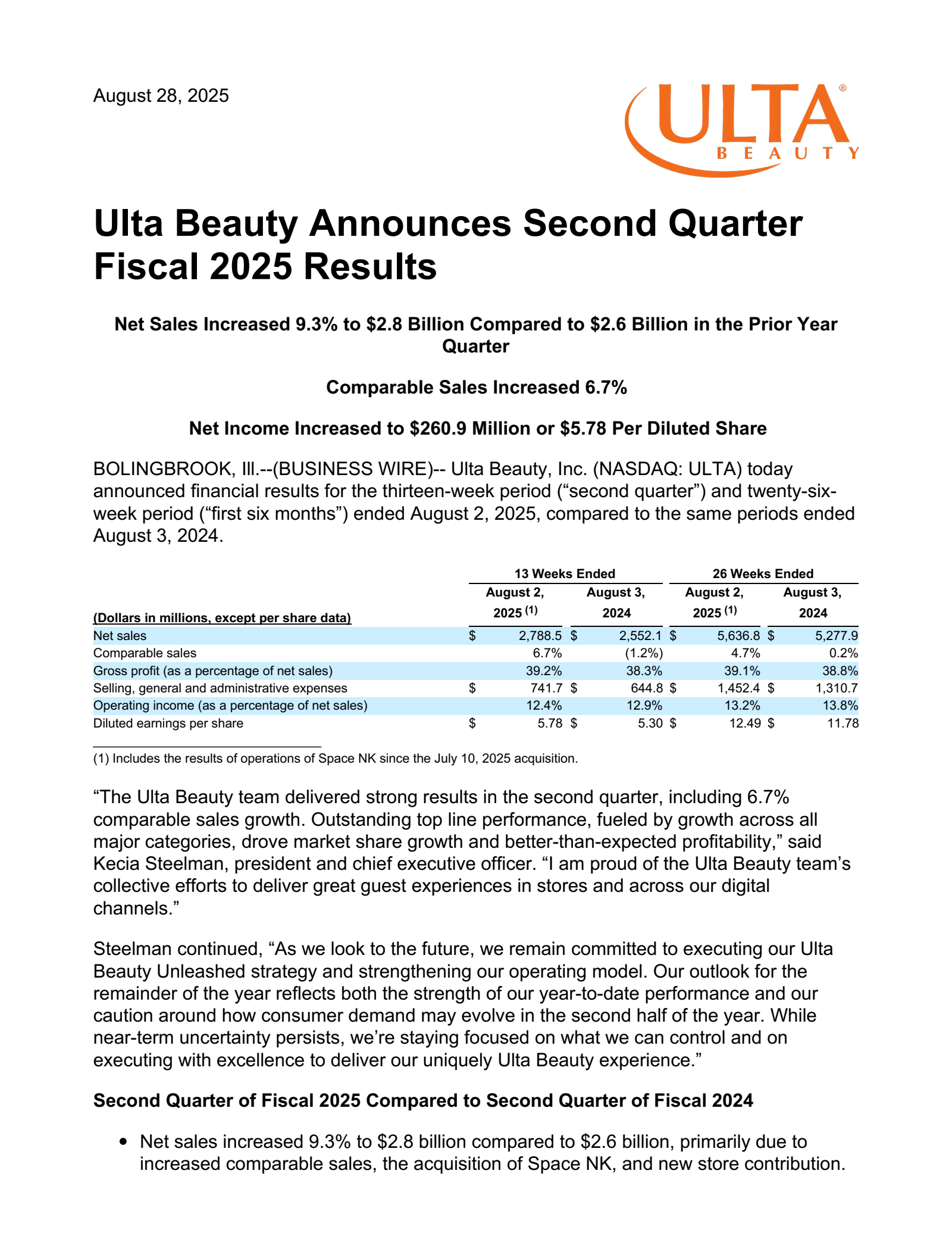 Ulta Beauty's Q2 2026 Press Release