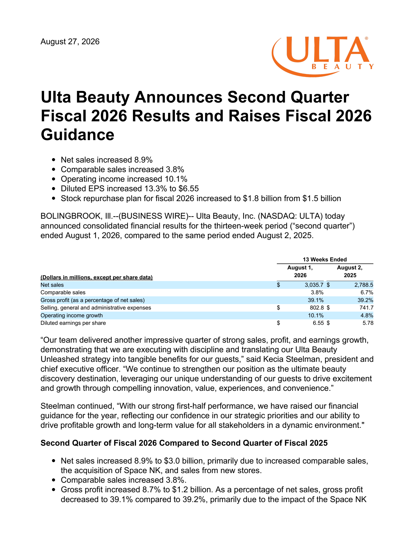 Ulta Beauty's Q2 2027 Press Release