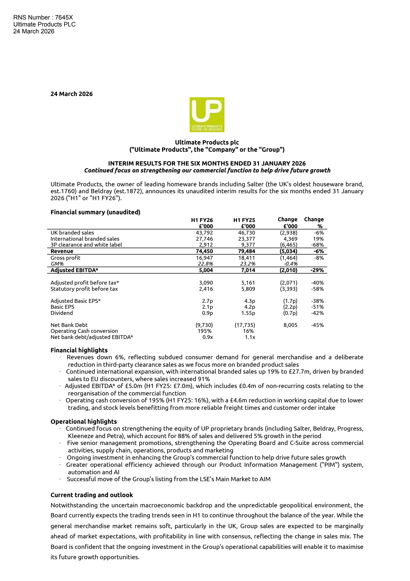 Ultimate Products' H1 2026 Interim report