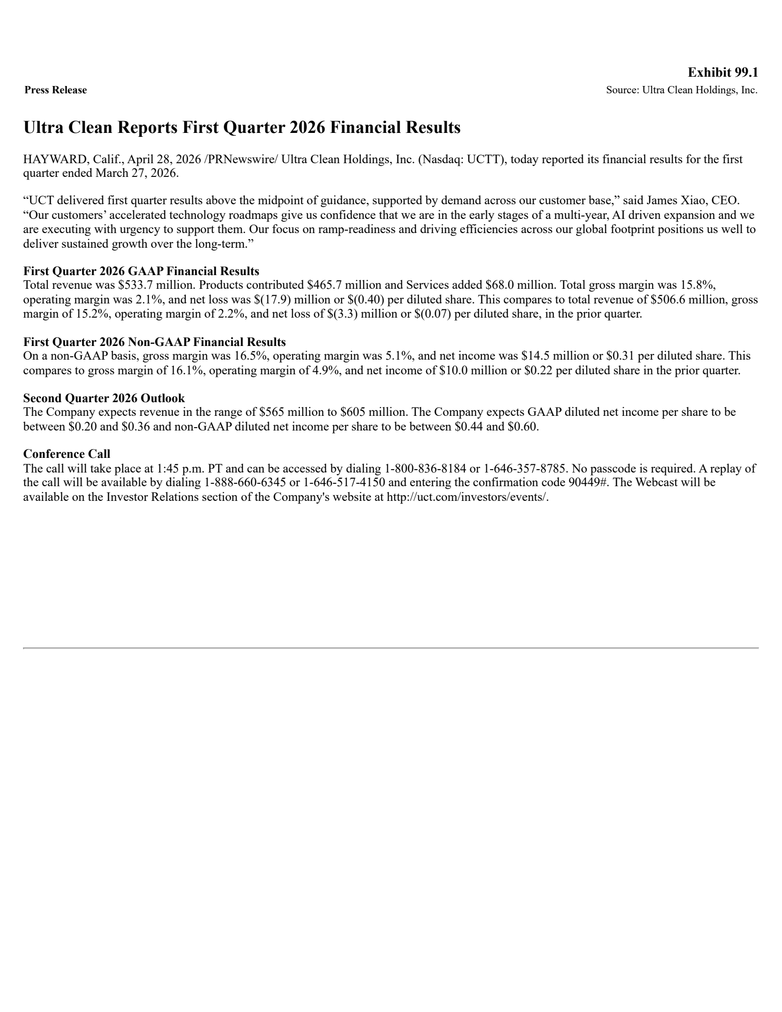 Ultra Clean's Q1 2026 Press Release