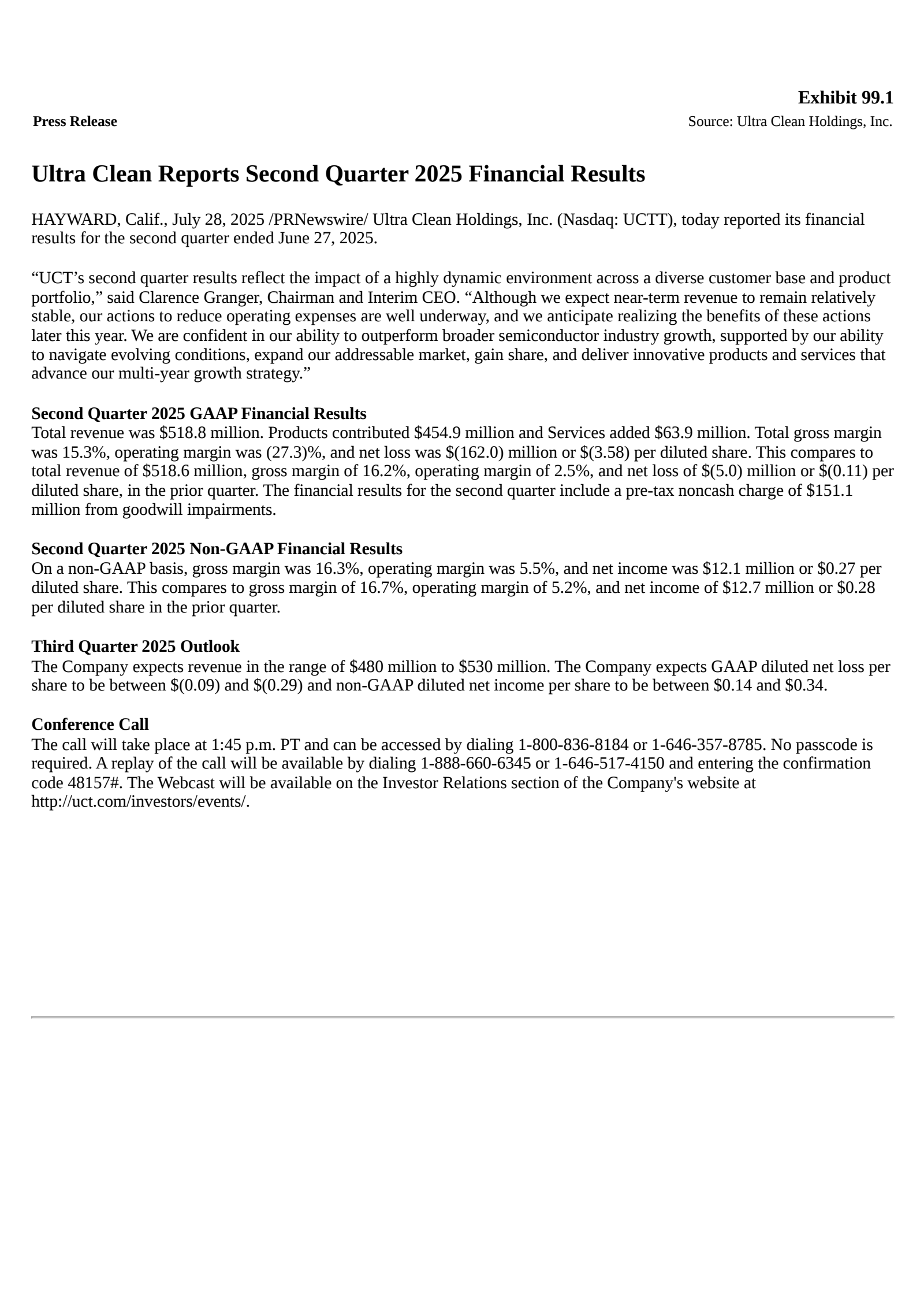 Ultra Clean's Q2 2025 Press Release